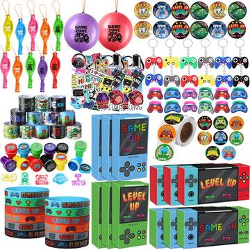 HyDren 147 Pcs Video Game Party Favors Includes Video Game Goodie Treat Boxes Punch Balloons Silicone Bracelets Keychains Badges