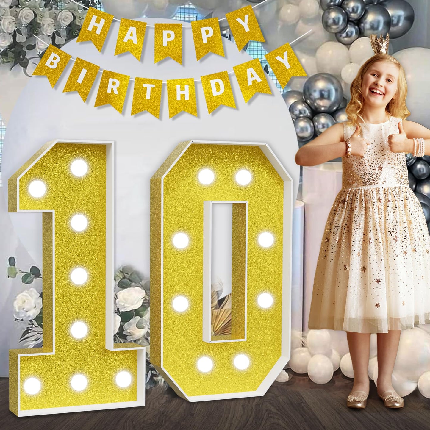 Imprsv Marquee Numbers Gold 10Th-Birthday Decorations: Large 3Ft Light Up Number 10 Birthday Decoration For Boy Girl Ten Year Ol