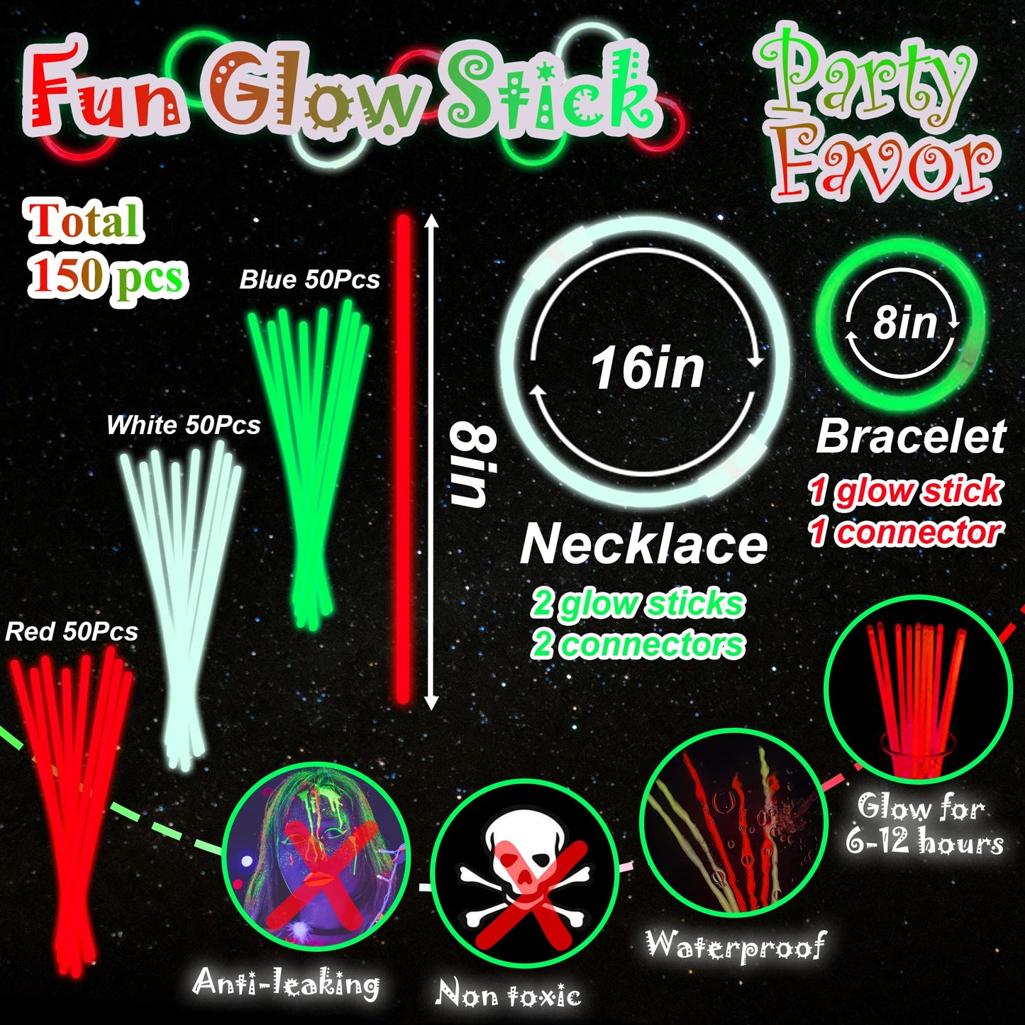 ILHSTY 150 Pcs 8 Green Red White Glow Sticks Glow Necklaces In The Dark Party Favors Supplies Bright GlowSticks Bulk with Acce