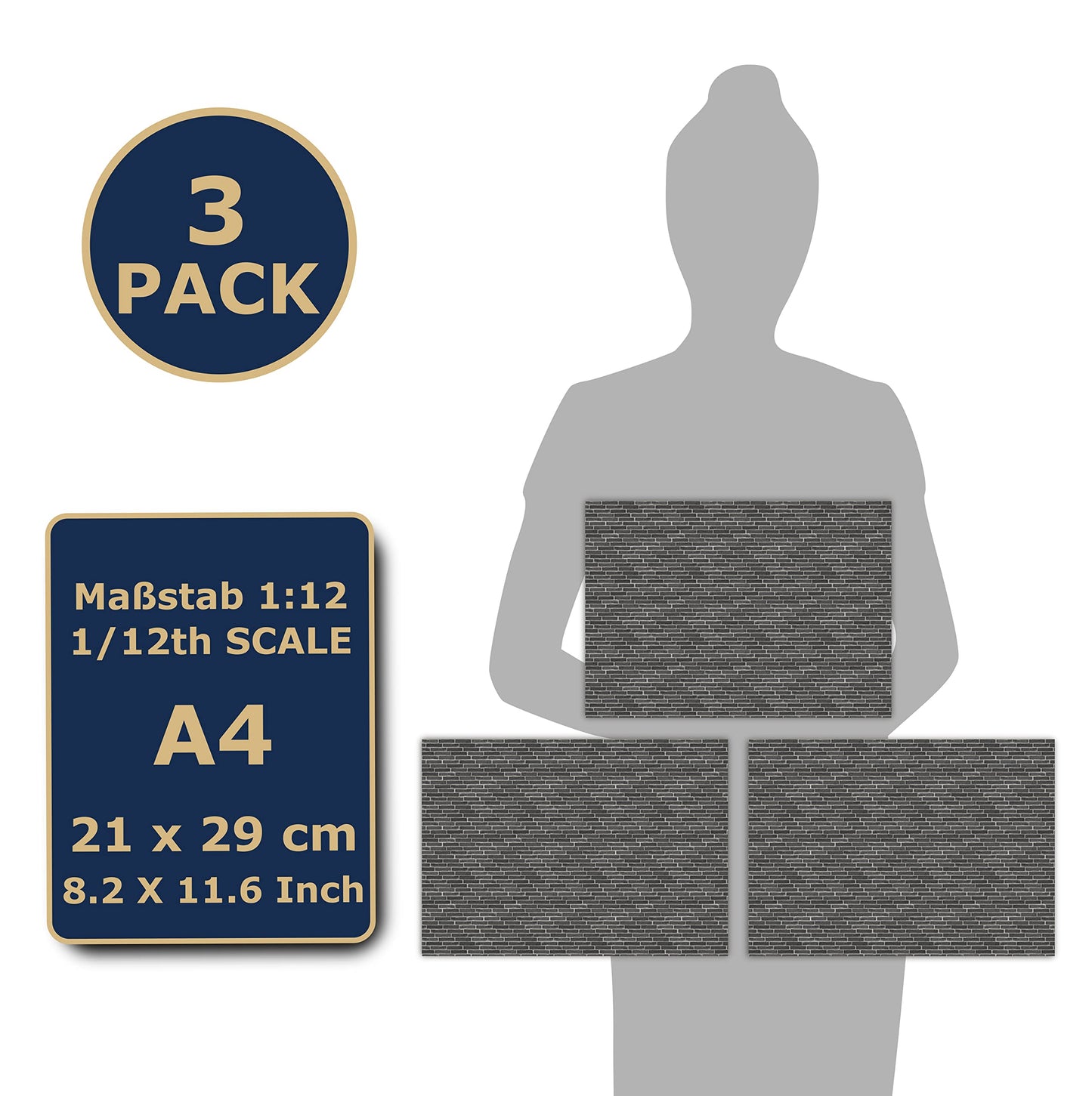 3 Sheets Self-Adhesive Wall Cladding For Dollhouse 1:12 Scale (Black Bricks)