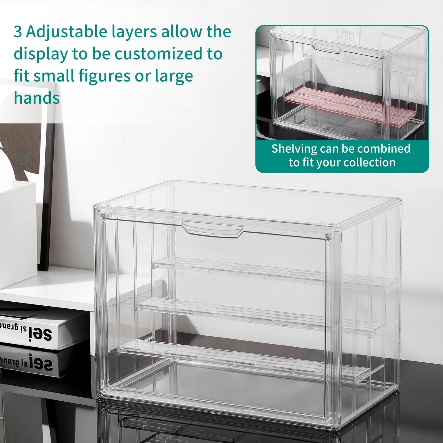 Attelite Acrylic Display Case,Upgrade 4 Tiers Clear Display Case With 3 Adjustable Divider, 2 Pack Stackable Large Storage Box W