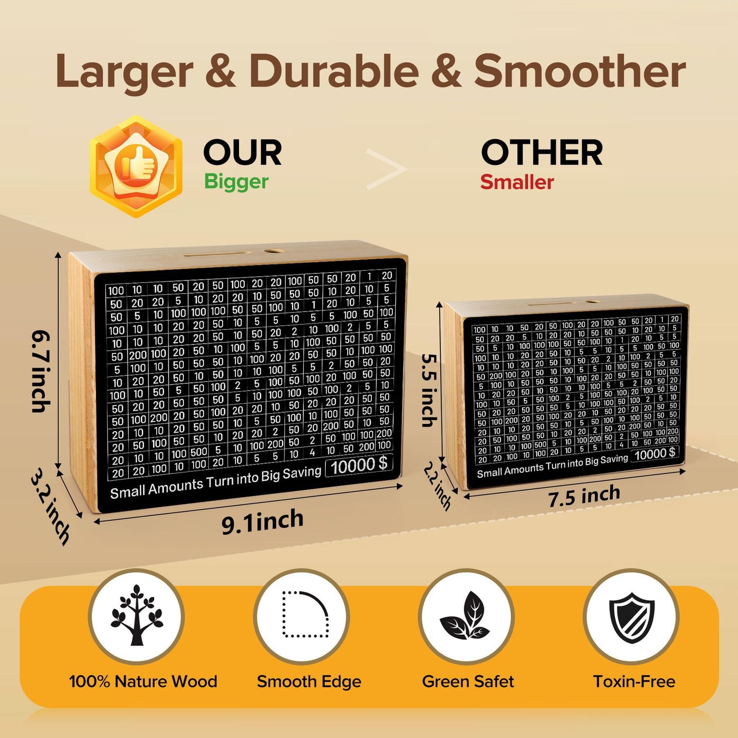 Larger 10000 Savings Challenge Box with 8 Targets$ 500-$10k Cash Vault Wooden Money Saving Box Caja De Ahorros Piggy Bank Reusab