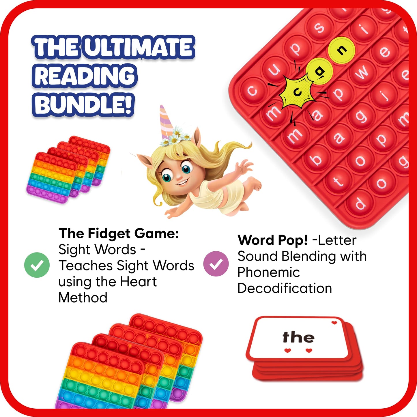 The Fidget Game Ultimate Reading Bundle - 220 Dolch Sight Words - Pre-K to Grade 3 - Includes Popping Mats & Dice - Cardboard
