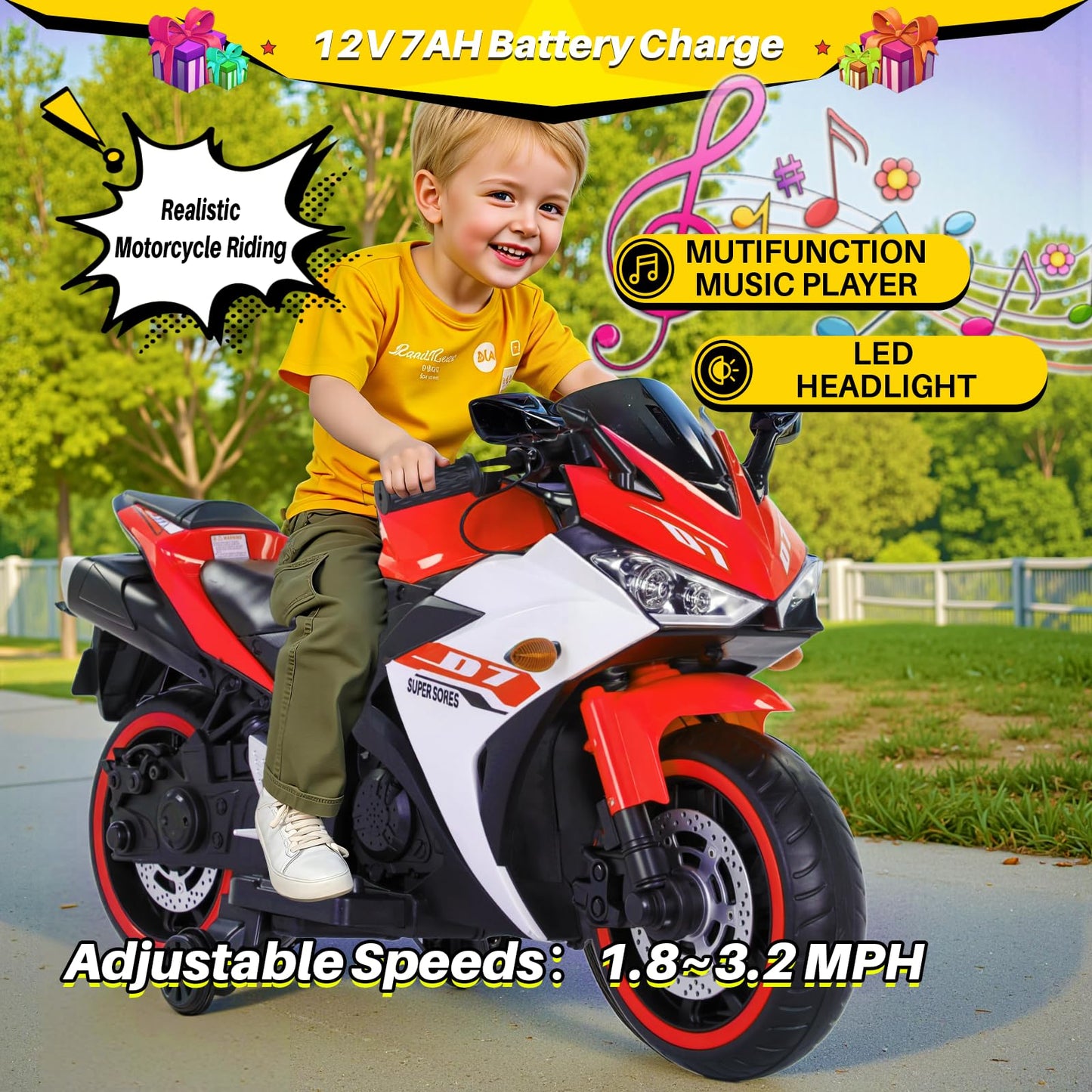 Blitzshark 12V Electric Motorcycle  Kids Motorcycle with Training Wheel  7AH Battery Ride On Motorbike for Kids  3.2 MPH Max Speed  Twist Grip Throttle  Soft Tires Extra Long Seat  Red and White