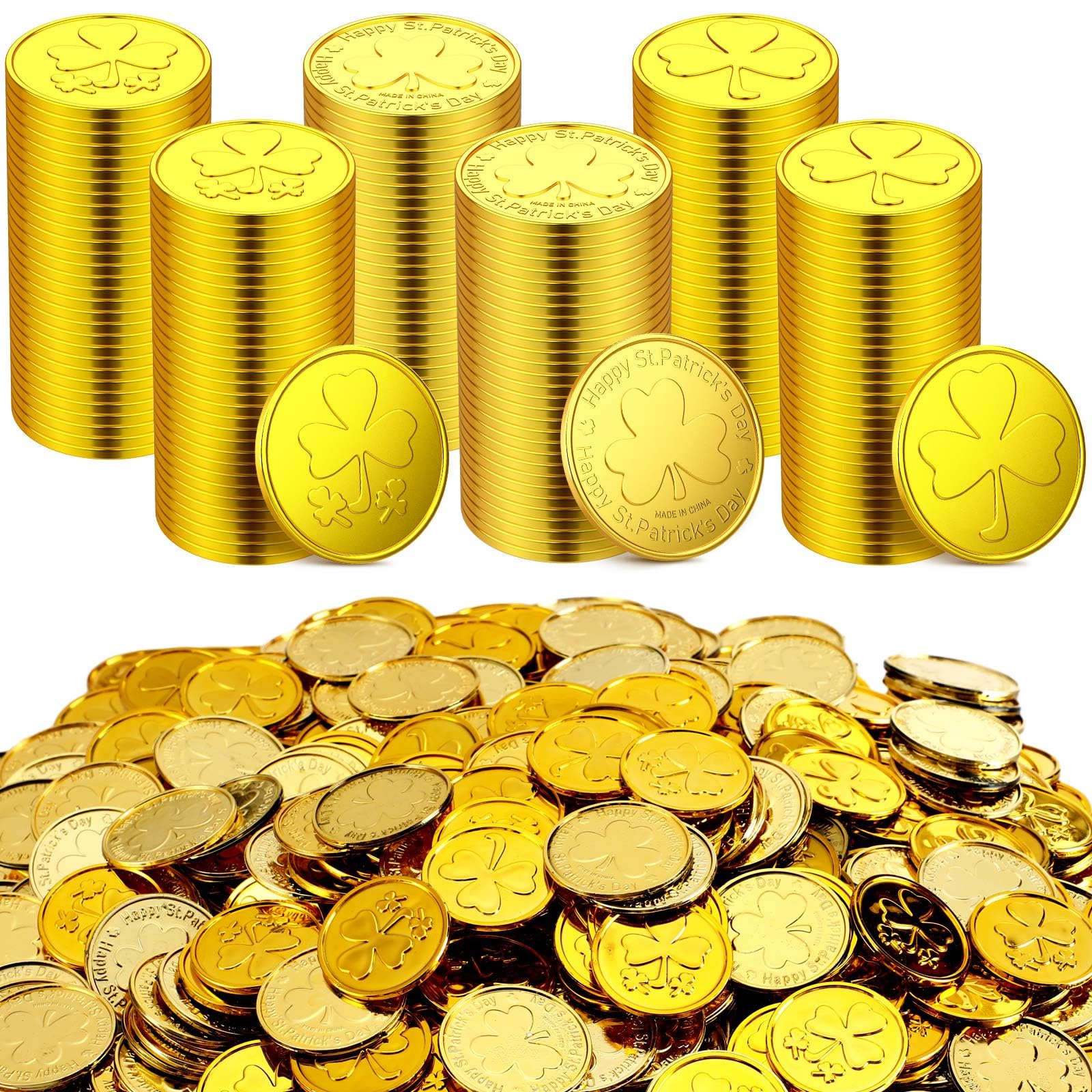 Sanwuta 1000 Pcs St. Patrick'S Day Gold Coins Plastic Lucky Shamrock Leprechaun 3 Leaf Clover Coins For Kids Play St Patricks Pa