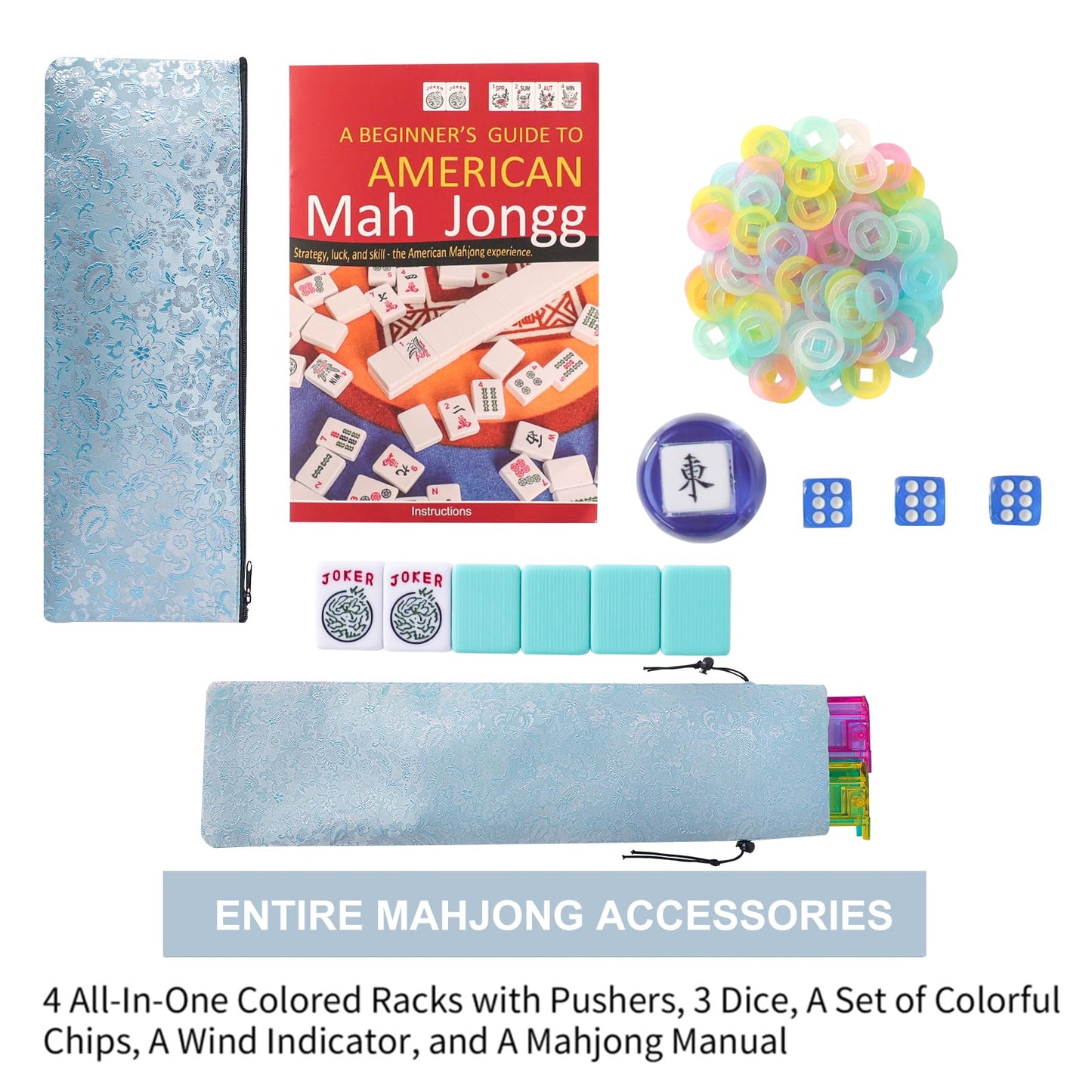 TIASUSAN American Mahjong Game Set - 166 Light Green Tiles, Blue Bag, 4 Racks, Plastic, 1.2x0.9x0.5 Inches