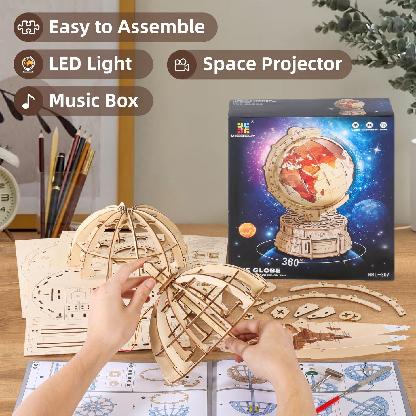 Miebely 3D Wooden Puzzles For Adults Usb Charging Illuminated Globe Music Box Diy Led Wood Model Building Kits With Space Projec