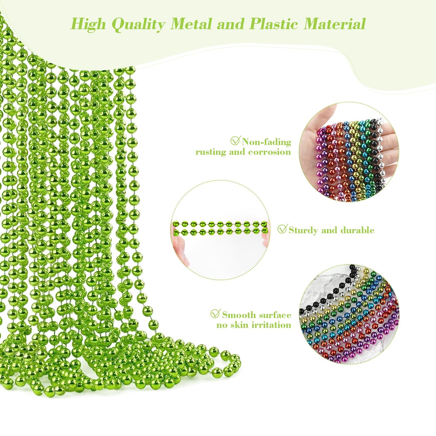 Yaxinrui 33 Inch 7 Mm Metallic Light Green Bead Necklaces, 15Pcs Mardi Gras Beads Bulk Round Beaded Necklaces Costume Necklace F