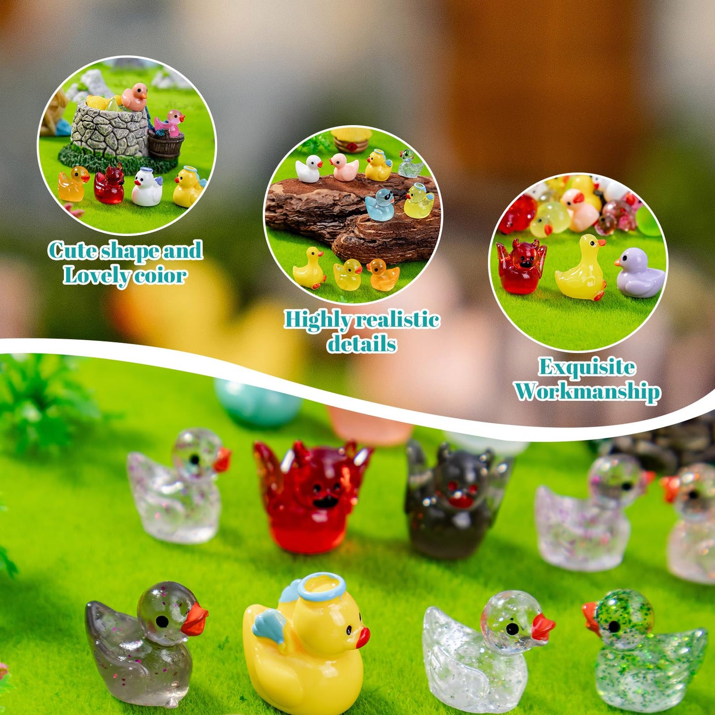 122 PCS Mini Ducks Resin,Colorful Multiple Styles Tiny Animals,Little Small Cute Duck Decoration Pattern, Sunglasses, Shiny, Pro