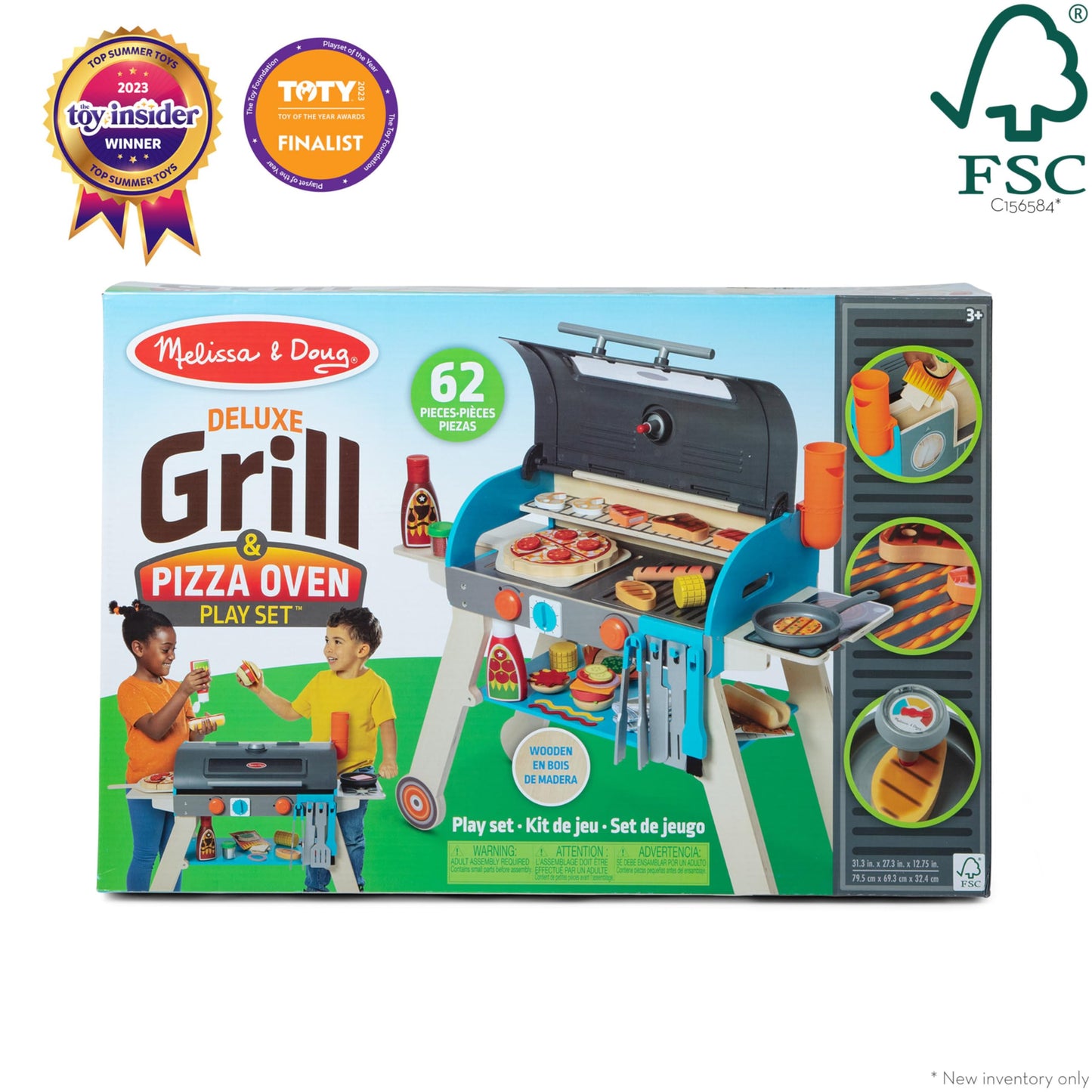 Melissa & Doug Wooden Deluxe Barbecue Grill, Smoker and Pizza Oven Play Food Toy for Pretend Play Cooking for Kids - FSC Certifi