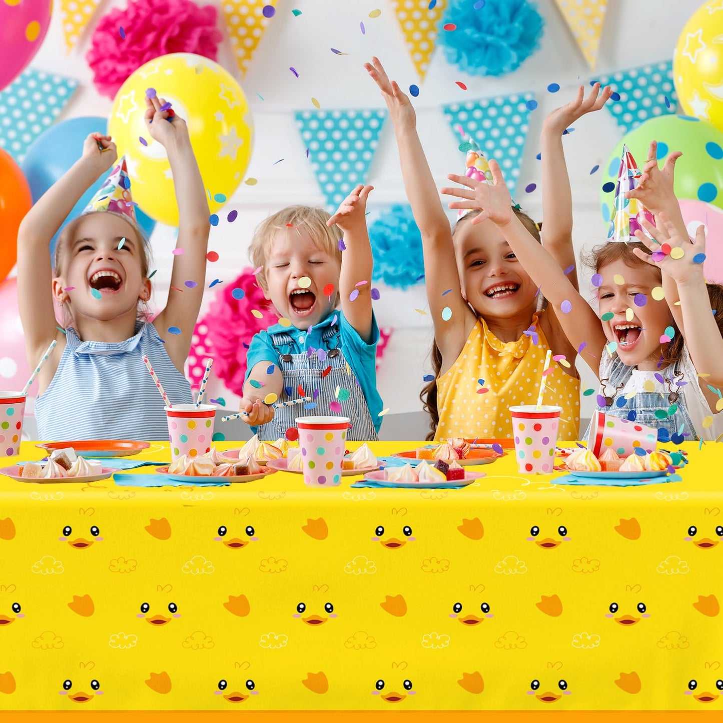 Dydamud Rubber Ducky Birthday Tablecloths, Duck Baby Shower Decorations 40Pcs Cute Yellow Duckie Table Cover For Waddle It Be Ge