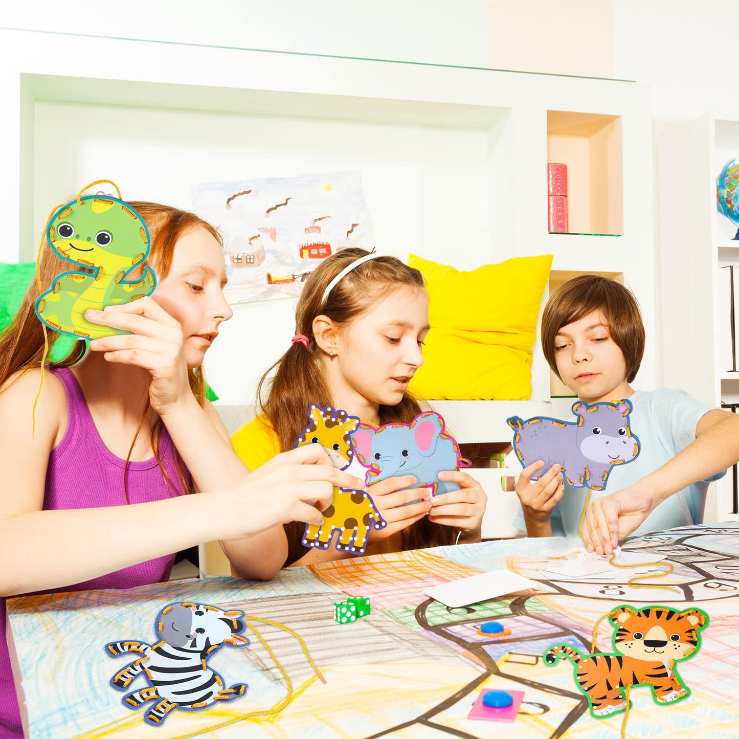 10 Pieces Kids Jungle Animal Lacing Cards Safari Animal Sewing Cards Thick Cardboard Double Sided Lacing Playing Games for Child