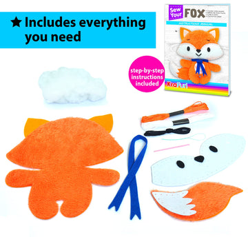 Krafun Fox Animal Sewing Kit For Kids Beginner My First Art & Craft, Includes Fox Doll Stuffed Animal, Instructions & Plush Felt Materials For Learn To Sew, Embroidery, Age 7 8 9 10 11 12