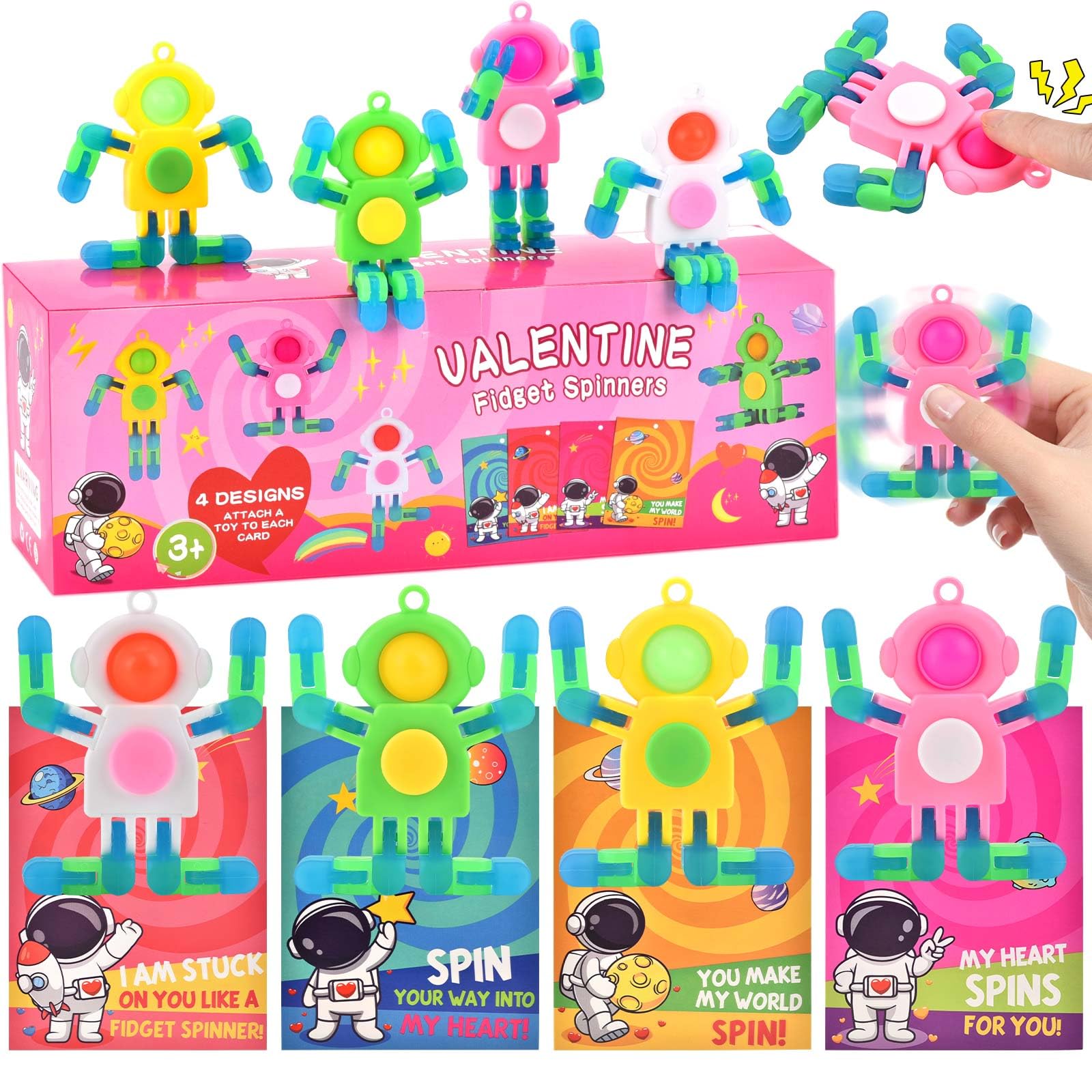 28 Pack Valentines Day Gifts for Kids - Astronaut Finger Spinners with Cards for School Exchanges, Classroom Activities, Game P