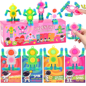 28 Pack Valentines Day Gifts for Kids - Astronaut Finger Spinners with Cards for School Exchanges, Classroom Activities, Game P
