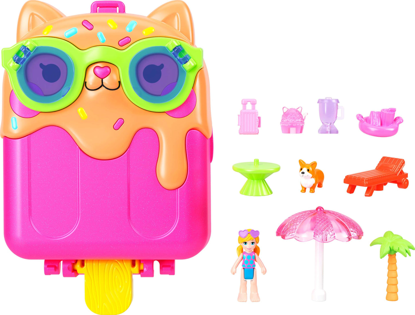 Polly Pocket Dolls and Playset, Kitty Popsicle Resort Compact, Travel Toy with 1 Micro Doll, Pet Puppy & Themed Accessories