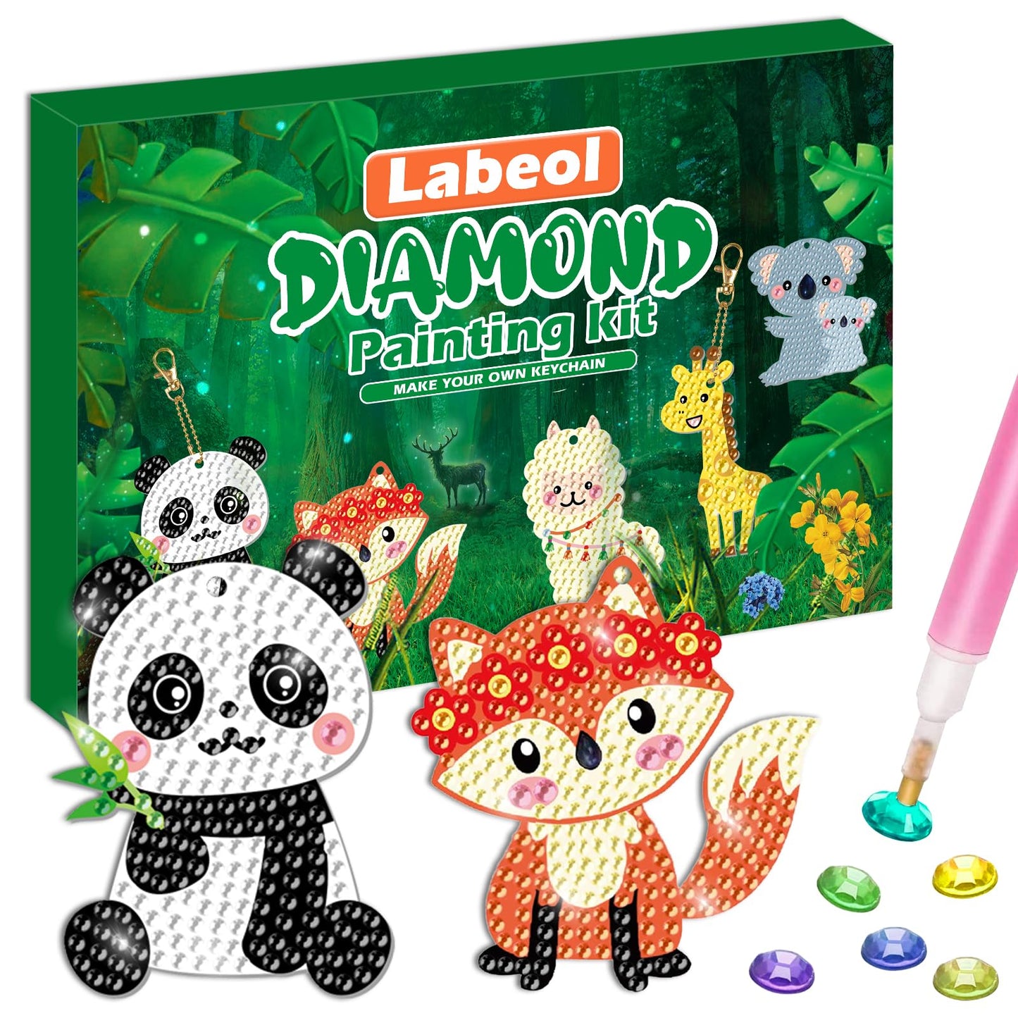 Labeol GEM Art Kit for Kids - 5D Diamond Art Keychains - Ages 8-12 - Canvas - Animal Design