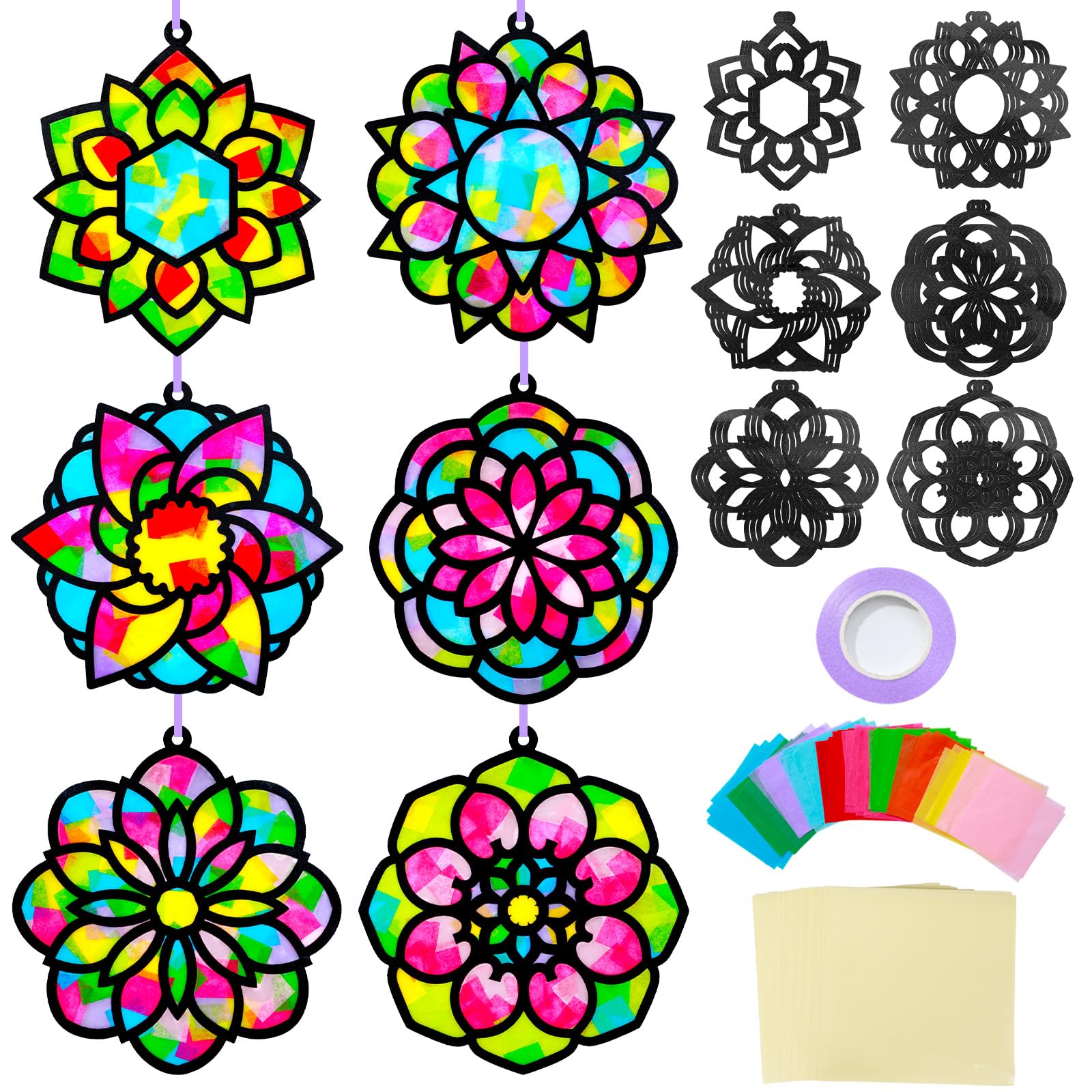 Qyeahkj 36 Set Mandala Suncatchers Crafts for Kids DIY Mandala Window Tissue Paper Craft Kit Art Flower Hanging Decor for Summer