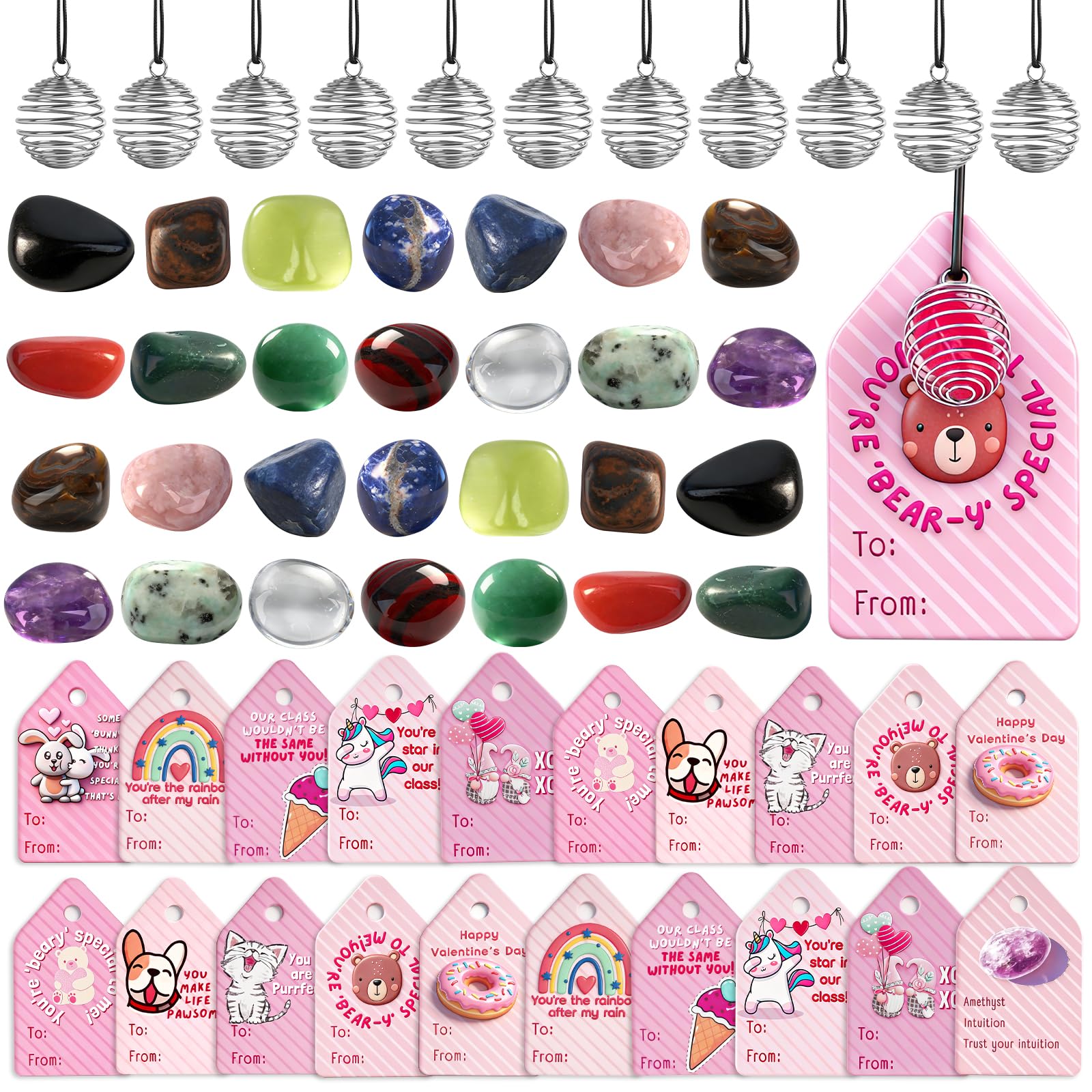 CNVOILA Valentines Day Gifts for Kids - 28 Pack Gemstones & Crystals with Valentines Cards, Valentine Rock Crystal Gift Exchange