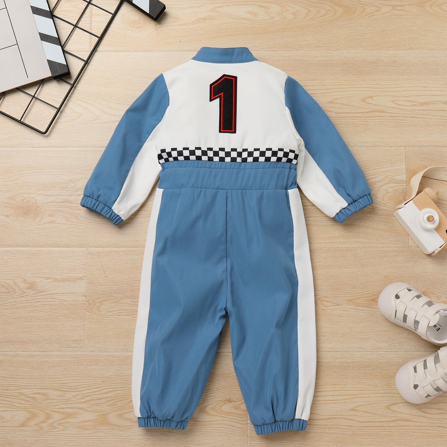 Ibtom Castle Baby Race Car Driver Costume: Toddler Boy Girl 1St Birthday Party Outfit Halloween Speed Racing Suit Long Sleeve Romper Dress Up Checkered Jumpsuit For Photo Shoot Blue-1 9-12 Months