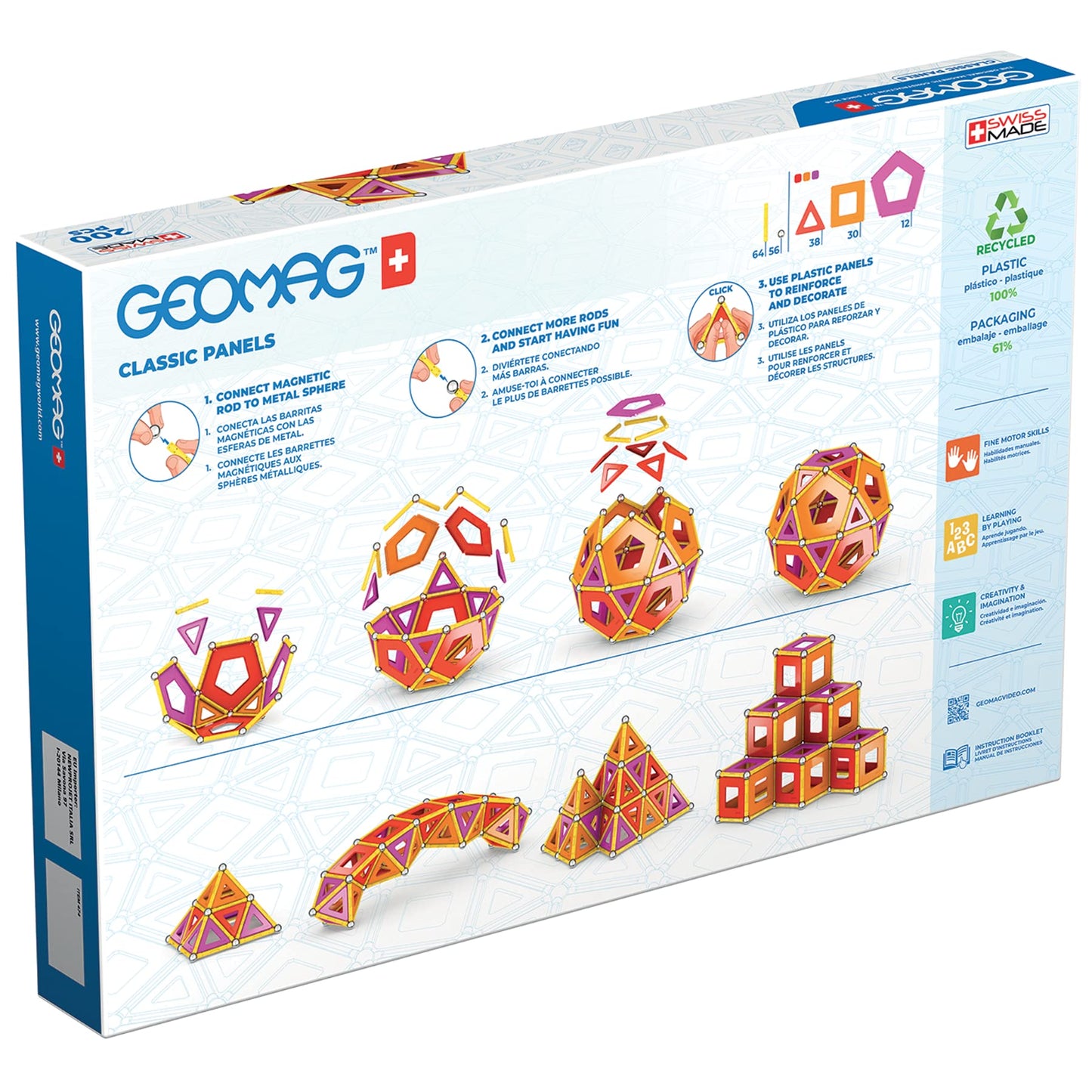 Geomag Magnetic Toys Classic Tiles 200-Piece Building Set For Kids Ages 5-99 | Swiss-Made Stem & Steam Authenticated Educational Toy Made From 100% Recycled Plastic | Creative School-Age Learning Play