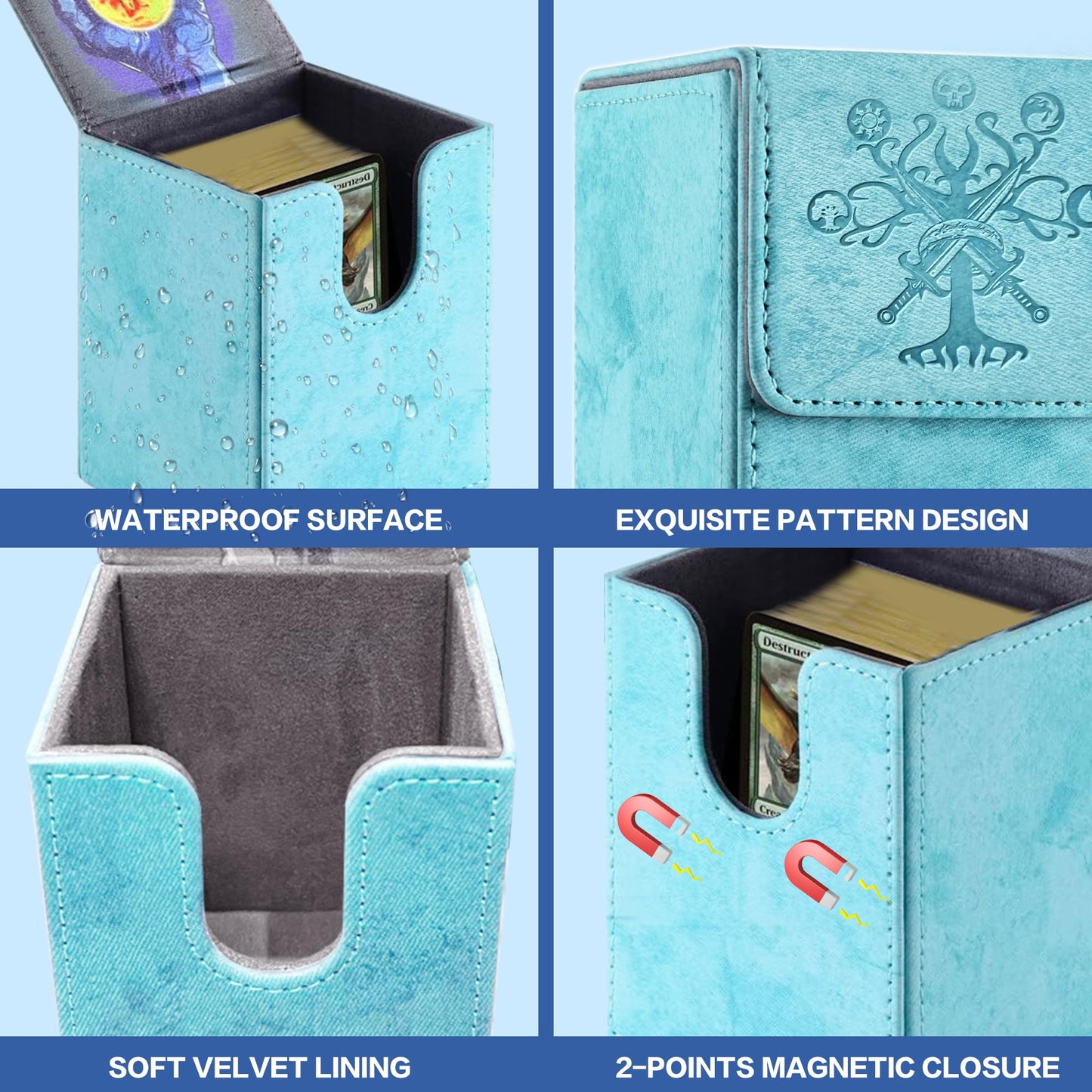 PROMAXIBINDER MTG Card Deck Box  Commander Deck Box Fits 100+ Single Sleeved Cards  Storage for TCG/MTG Crads  PU Leather Strong Magenet (Sky Blue  Tree)