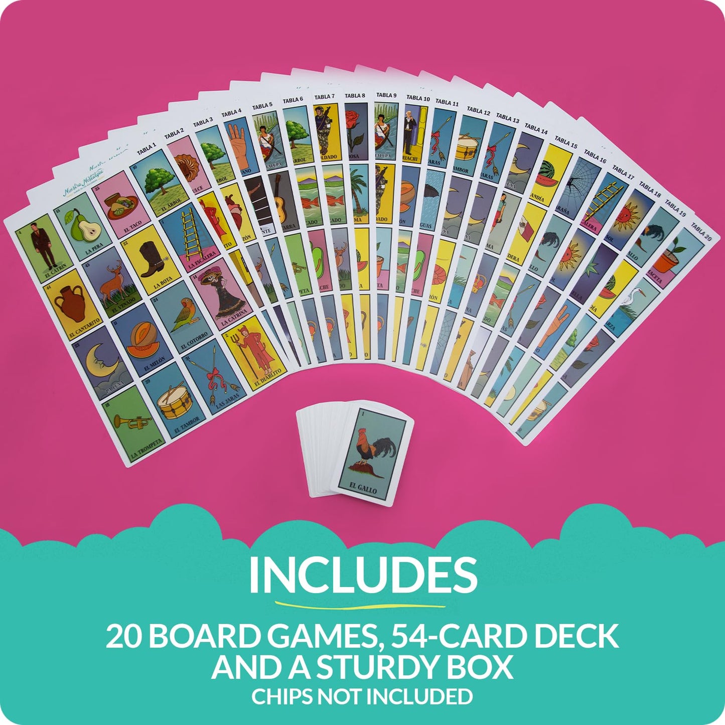 Waterproof 20 Player Loteria | 12 Inch By 8 Inch Boards | Shuffleable Card Deck | No Stereotypical Characters | Extendable Up To