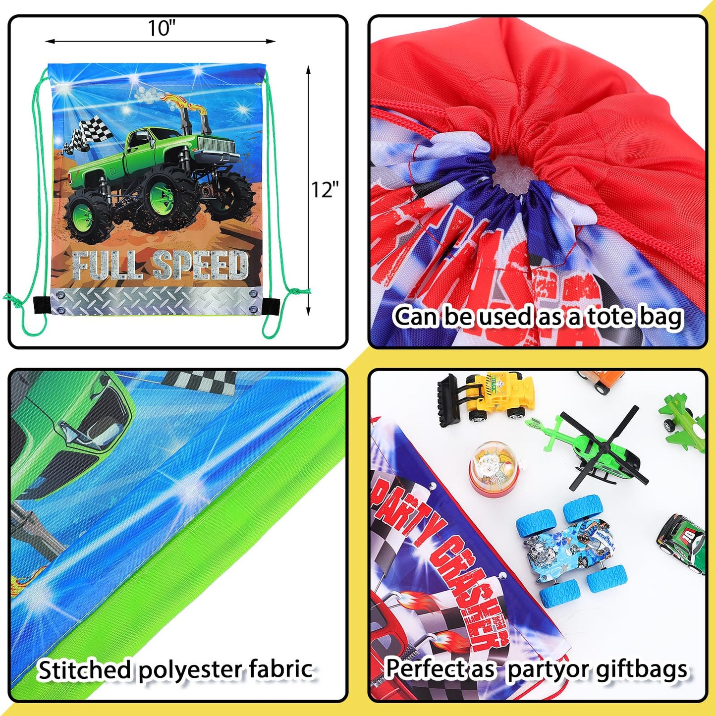 Yinder 16 Pcs Truck Party Drawstring Bags Gift Racing Candy Treats Bags Kids Truck Theme Birthday Party Supplies Decoration