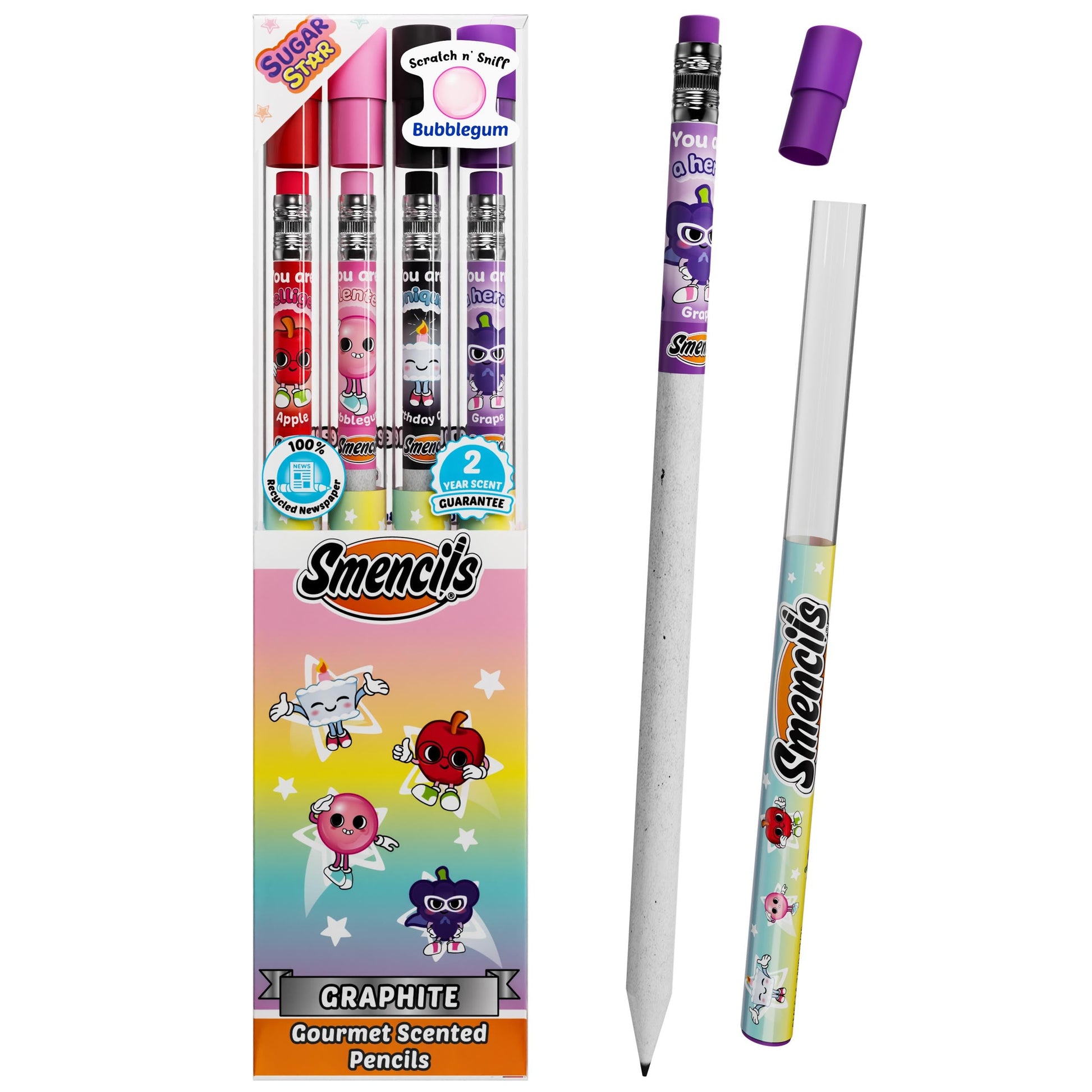 Smencils Sugar Star Scented Pencils - HB #2 Graphite Pencils Made from Recycled Newspapers, 4 Pack, Long-Lasting Gourmet Scents,