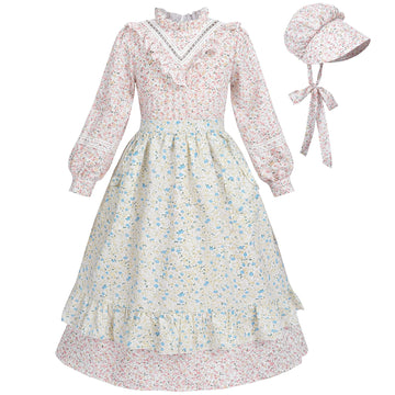 FCCAM Prairie Colonial Dress Girls Long Sleeve Pioneer Dress Costume Floral Pioneer Girl Laura Ingalls Wilder Pink S