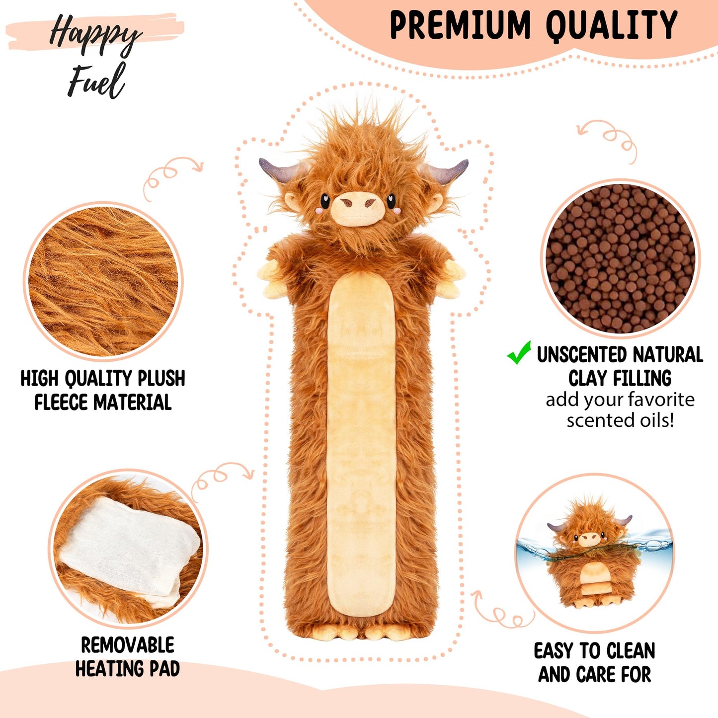 Brown Highland Cow Microwavable & Weighted Stuffed Animals - Unscented Heatable Plush Doll  Cute Cow Plush Toys Gifts for Girls Boys and Kids  Happy Fuel