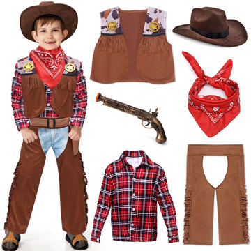 Latocos 7 Pcs Kids Cowboy Costume For Boys Ages 3-10 Years Halloween Party Dress Up Role Play And Cosplay