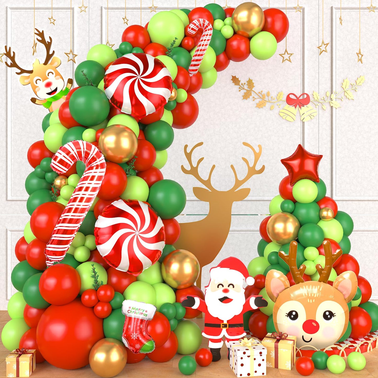 Christmas Balloon Garland Arch, 123 Pcs Christmas Balloon Arch Kit With Red Green Gold Latex Balloons, Christmas Foil Balloon St