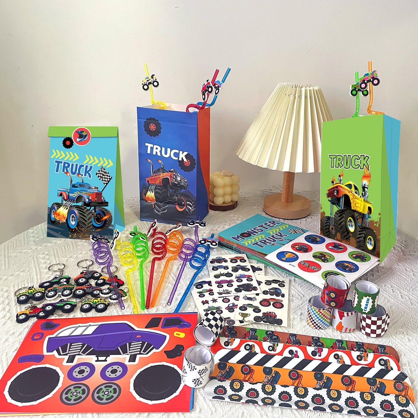 Xipegpa Truck Car Party Favors Set Truck Cars Keychains Slap Bracelet Diy Stickers Straws Car Bags For Kids Truck Car Themed Birthday Party Supplies Goodie Bag Fillers (Truck Car)