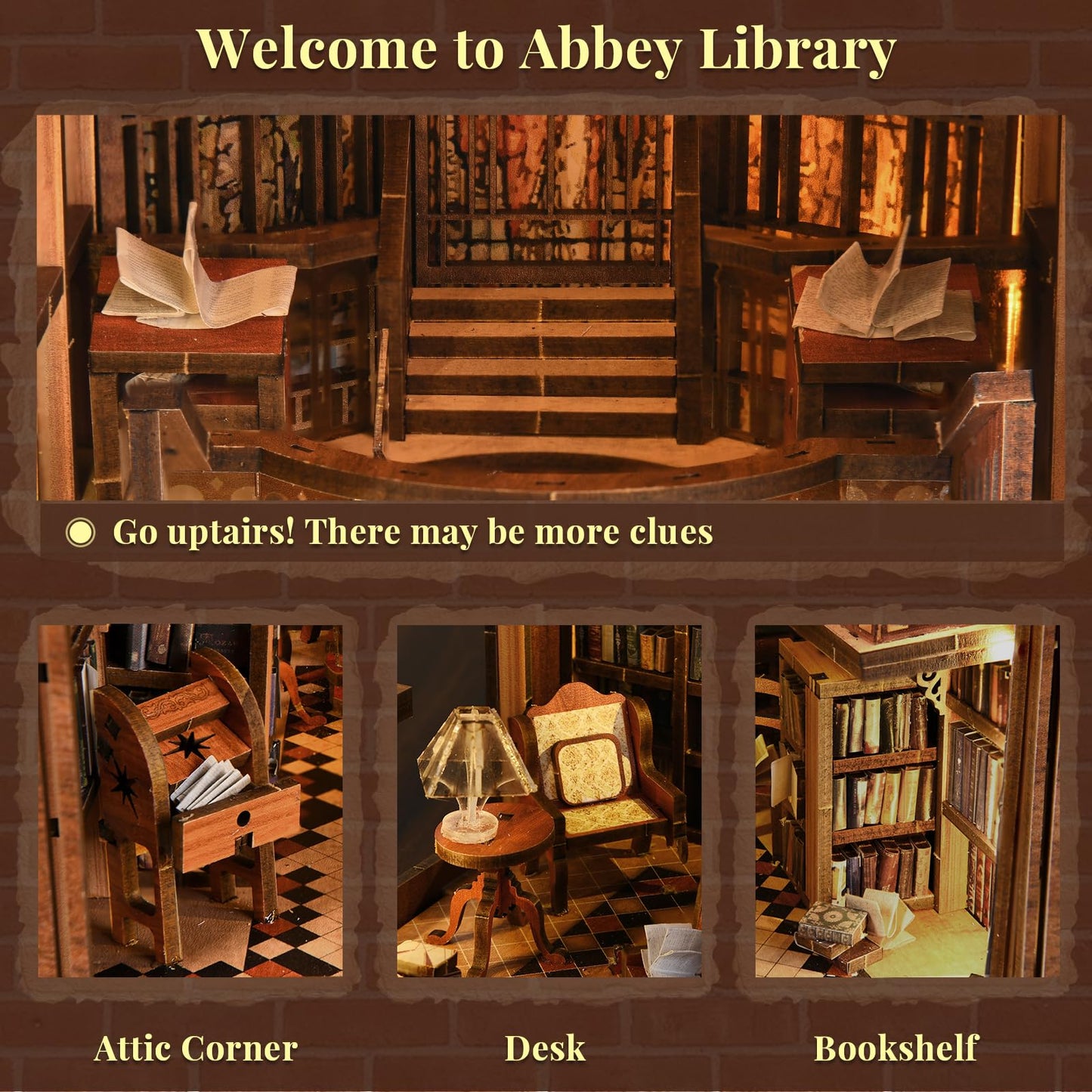 MiniCity DIY Book Nook Kit for Adults, 3D Wooden Puzzle Bookend Bookshelf Insert Decor with LED Light and Dust Cover (Abbey Libr