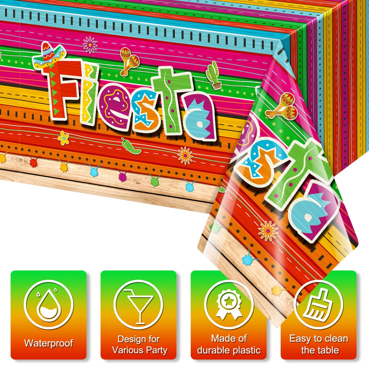 Jectivs 3 Pieces Mexican Fiesta Party Tablecloth Decorations,Plastic Cinco De Mayo Printed Table Cloth Table Cover for Fiesta Ta