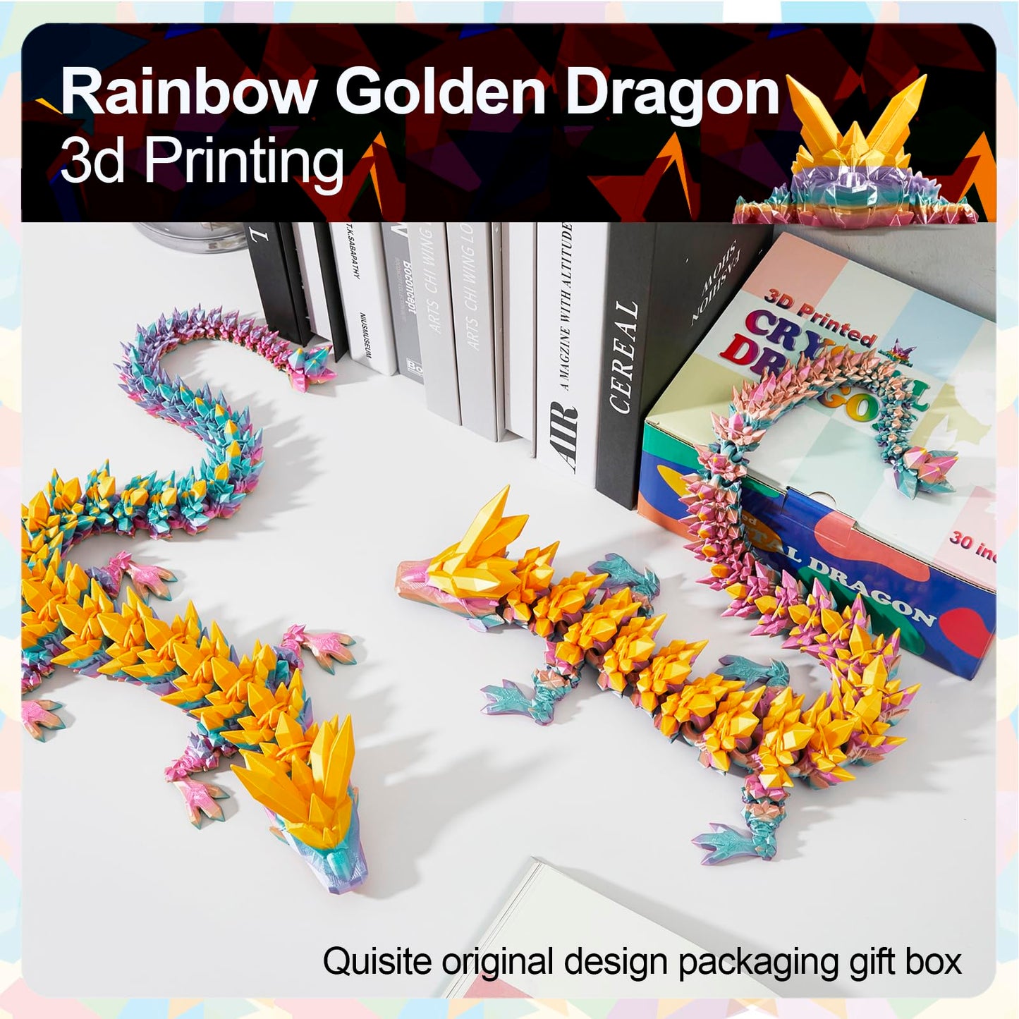 Rwsefk 30 In 3D Printed Dragon, 30Inch Dragon,3D Dragon Toy,Large Dragon Present,Ariculated Crystal Dragon(Gold Rainbow)