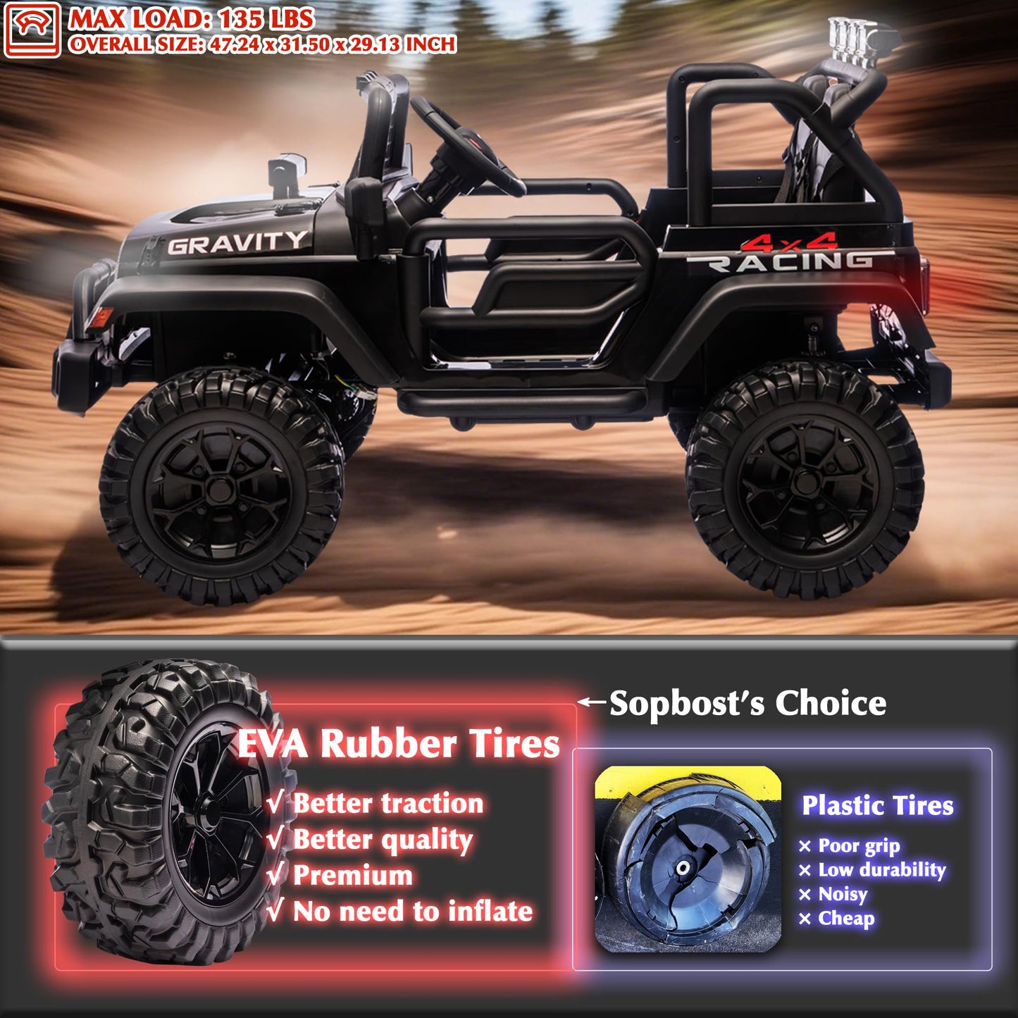 sopbost enhanced 24V Ride On Car with Remote Control  4x200W  2 Seater Ride On Toy for Kids  4WD Kids Electric Vehicles  Ride On Truck XL with EVA Tires Wheels  Bluetooth (Black)