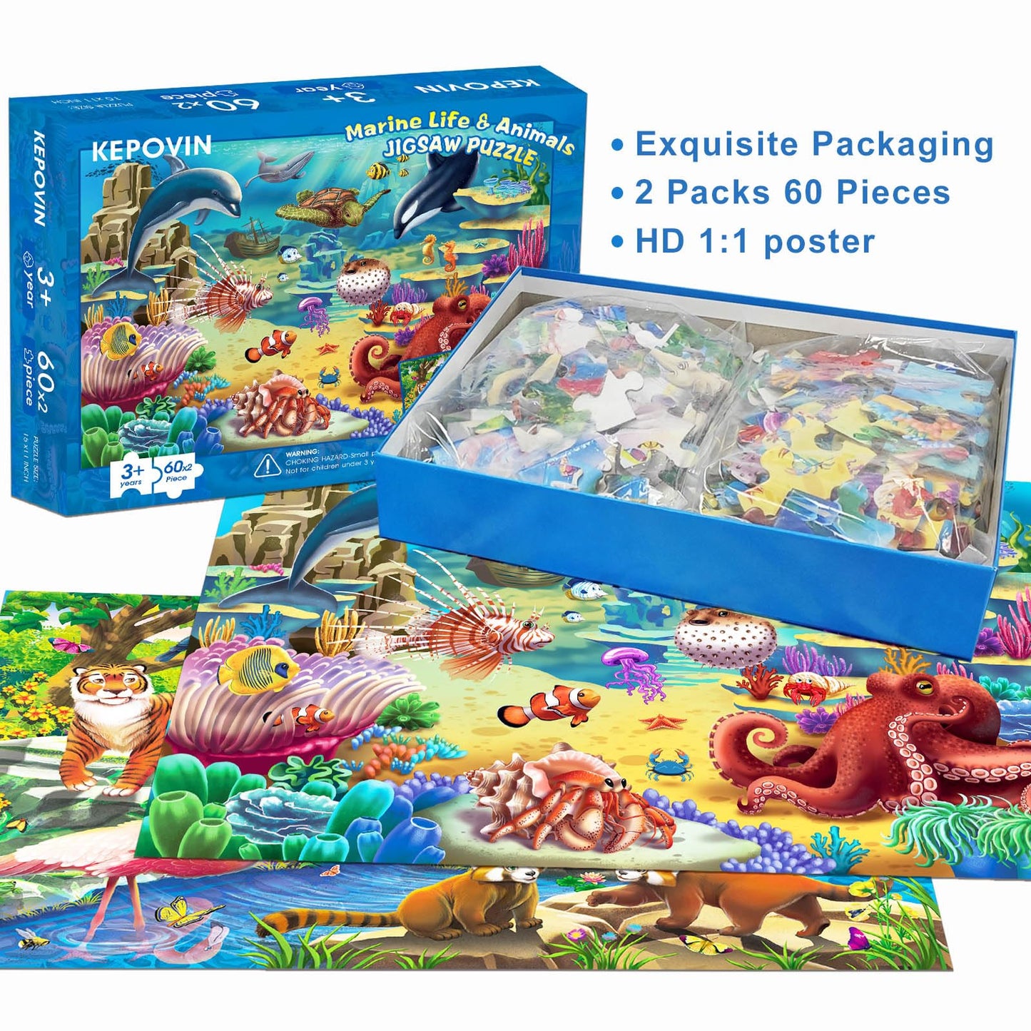 Puzzles For Kids Ages 4-6-8, 2 Packs 60 Pieces Floor Jigsaw Puzzle For Kids 6-8-10 Year Old, Wildlife & Ocean Animals Learning E