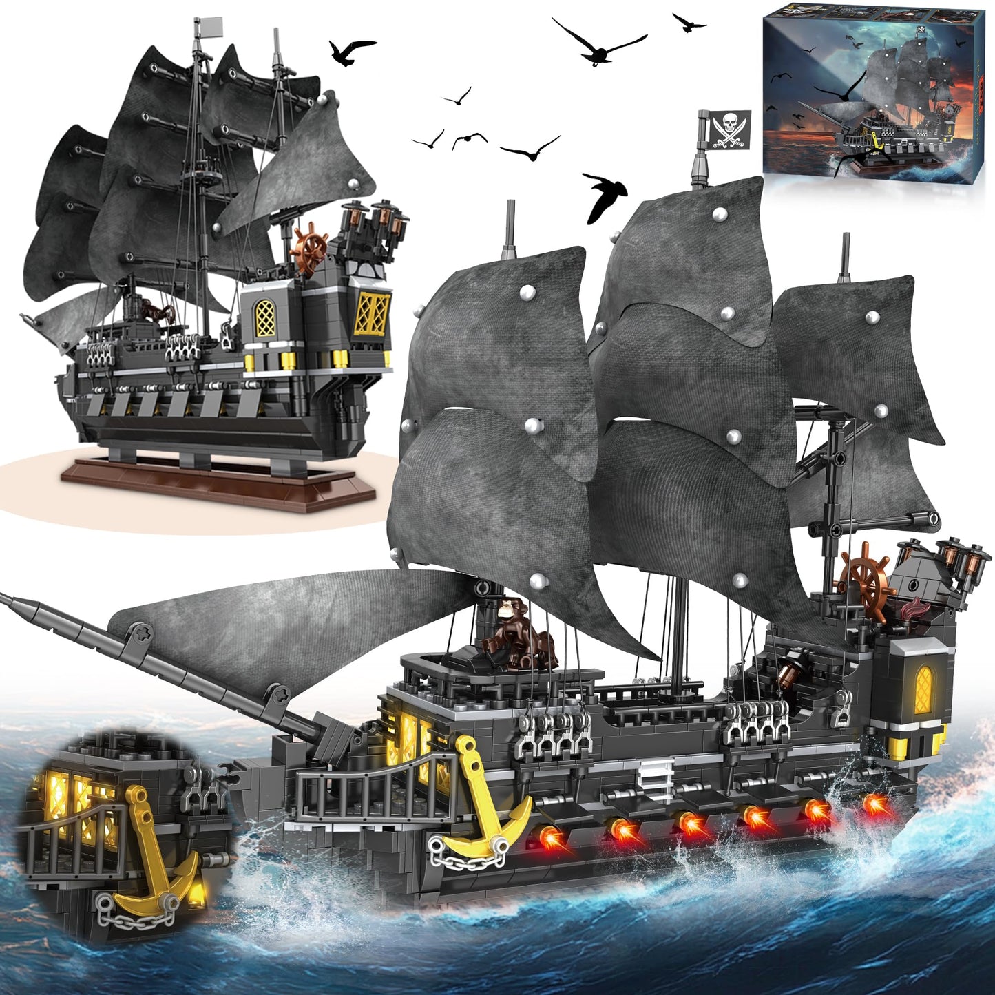 SSPATIOS Pirate Ship Building Block Model Kit, 1366 PCS, Black Pearl Ship, Plastic Toy for Ages 12+, Christmas & Birthday Gift