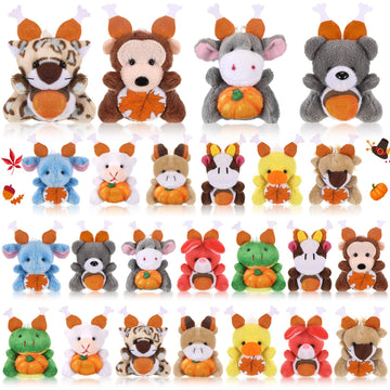 Blueweenly 24 Pcs Mini Thanksgiving Stuffed Animal Bulk Fall Small Plush Stuffed Animal Toy With Pumpkin Autumn Plush Keychain Decorations Tiny Thanksgiving Plush Doll For Party Favor Bag Filler