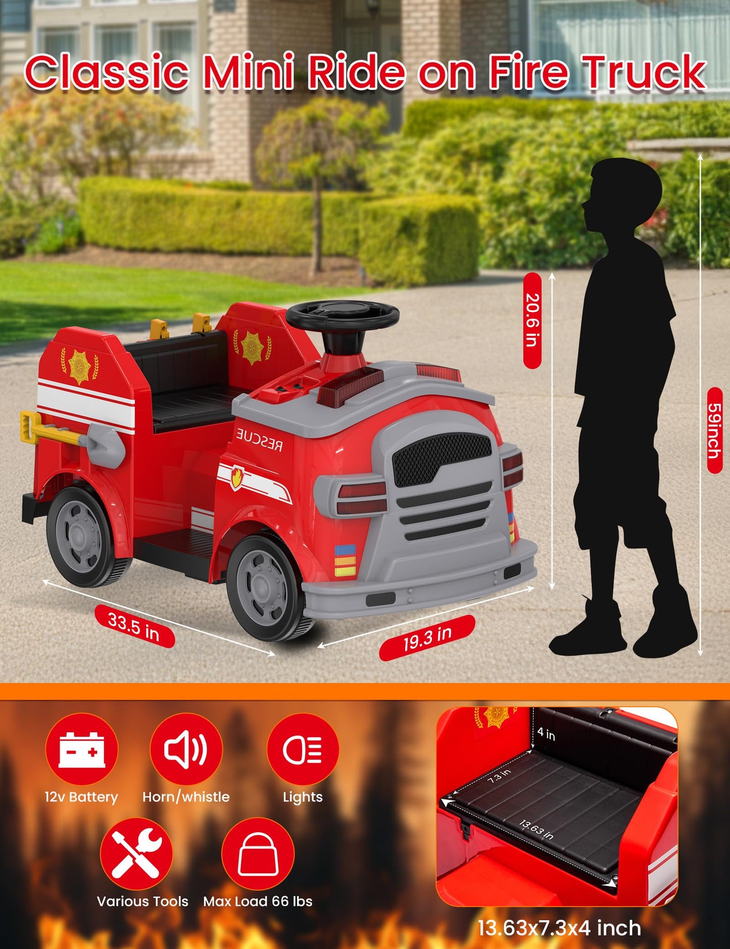 Bupplee 12V Electric Ride-On Fire Truck For Toddlers, Kids Vehicle With Toy Fire Extinguisher, Alarm Lamp, Siren-Call, Wrench Se