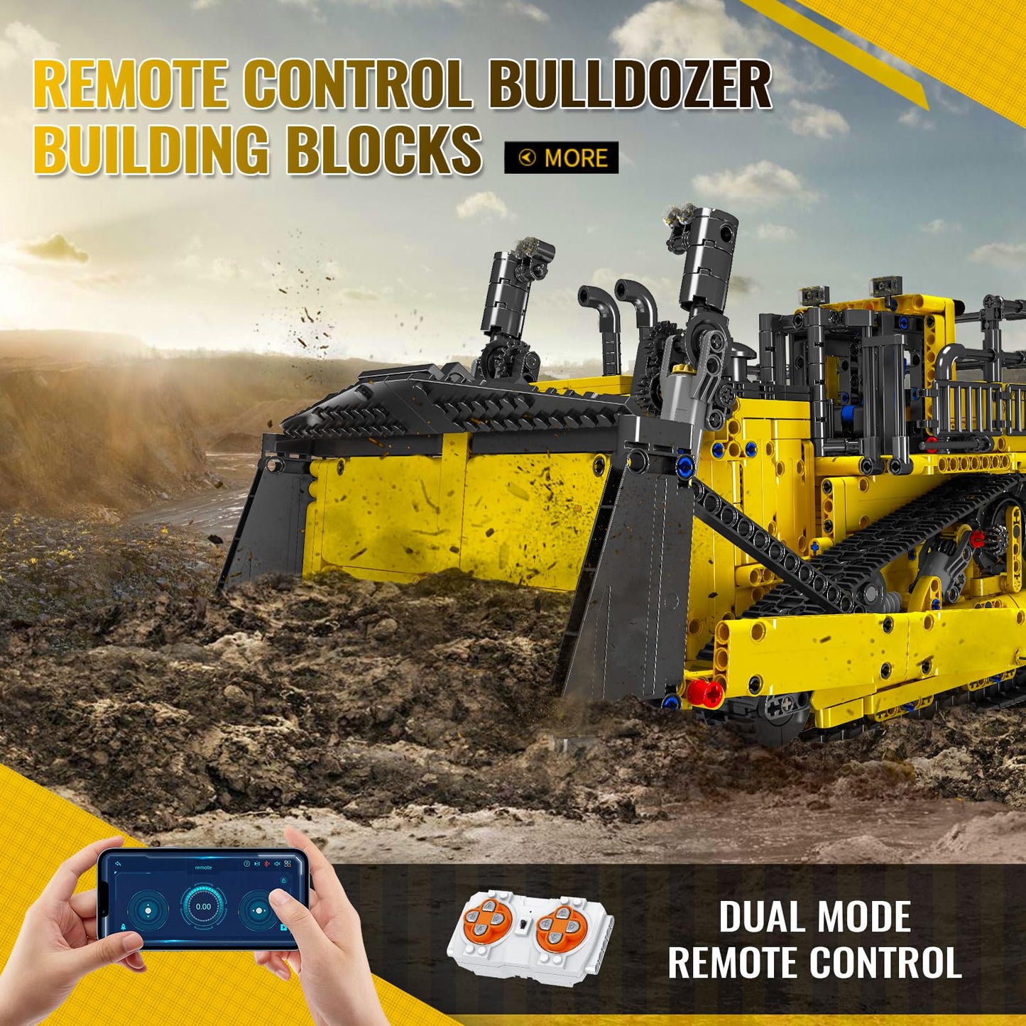Mould King RC Bulldozer Building Set, 1508 Pieces, APP Control, Yellow, Model WX15084-LZUSNEW, Plastic Construction Vehicle for Adults