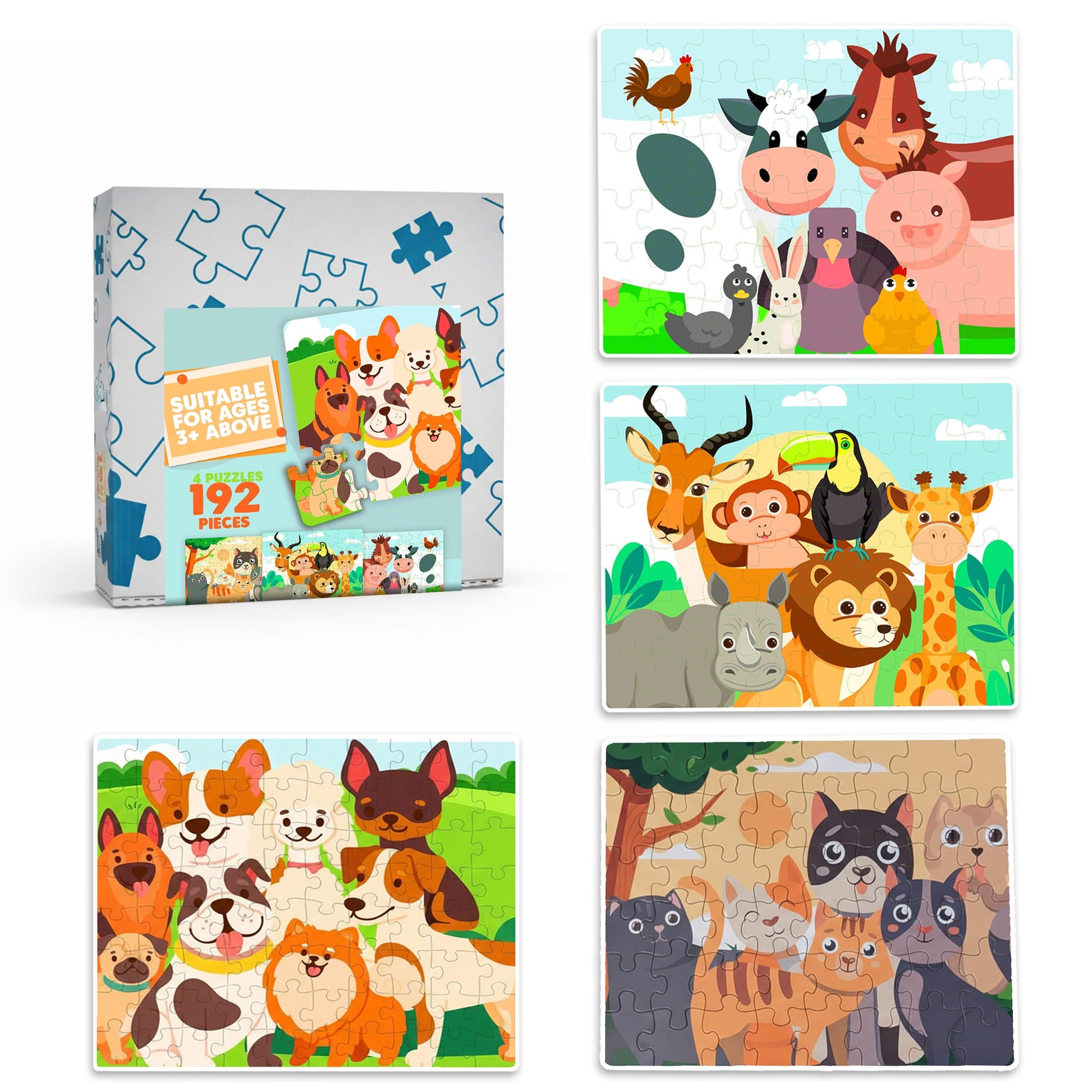 Jumbo Wooden Floor Puzzle for Kids Ages 3-5 - 4 Pack Animal Puzzles, 48 Piece Each |Educational Preschool Toddler Puzzle Gift Se