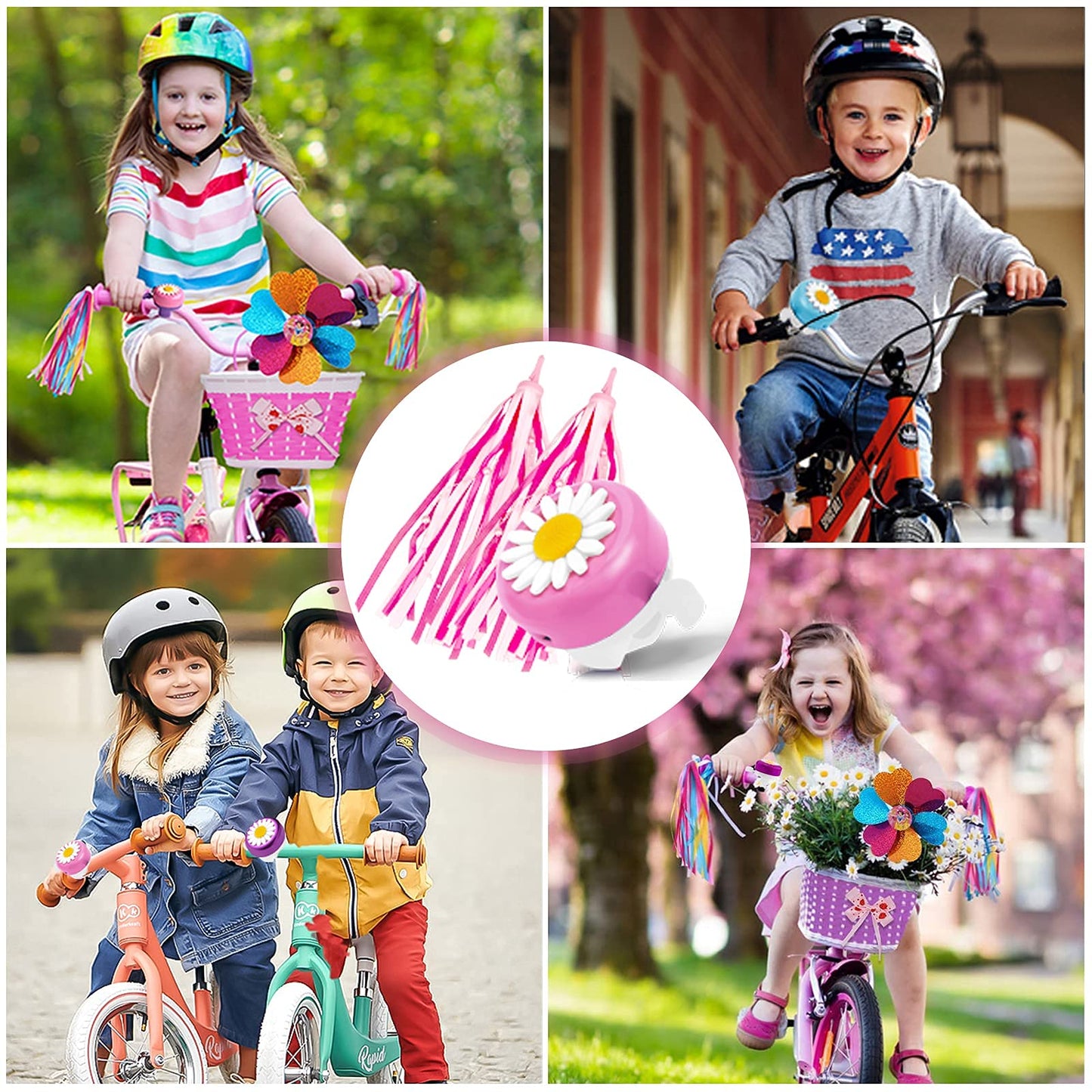 Kortes 1 Pack Kids Bike Bell And 2 Pack Kids Bike Streamers For Children'S Bike Accessories (Pink, Red,& Blue) (Pink & White)