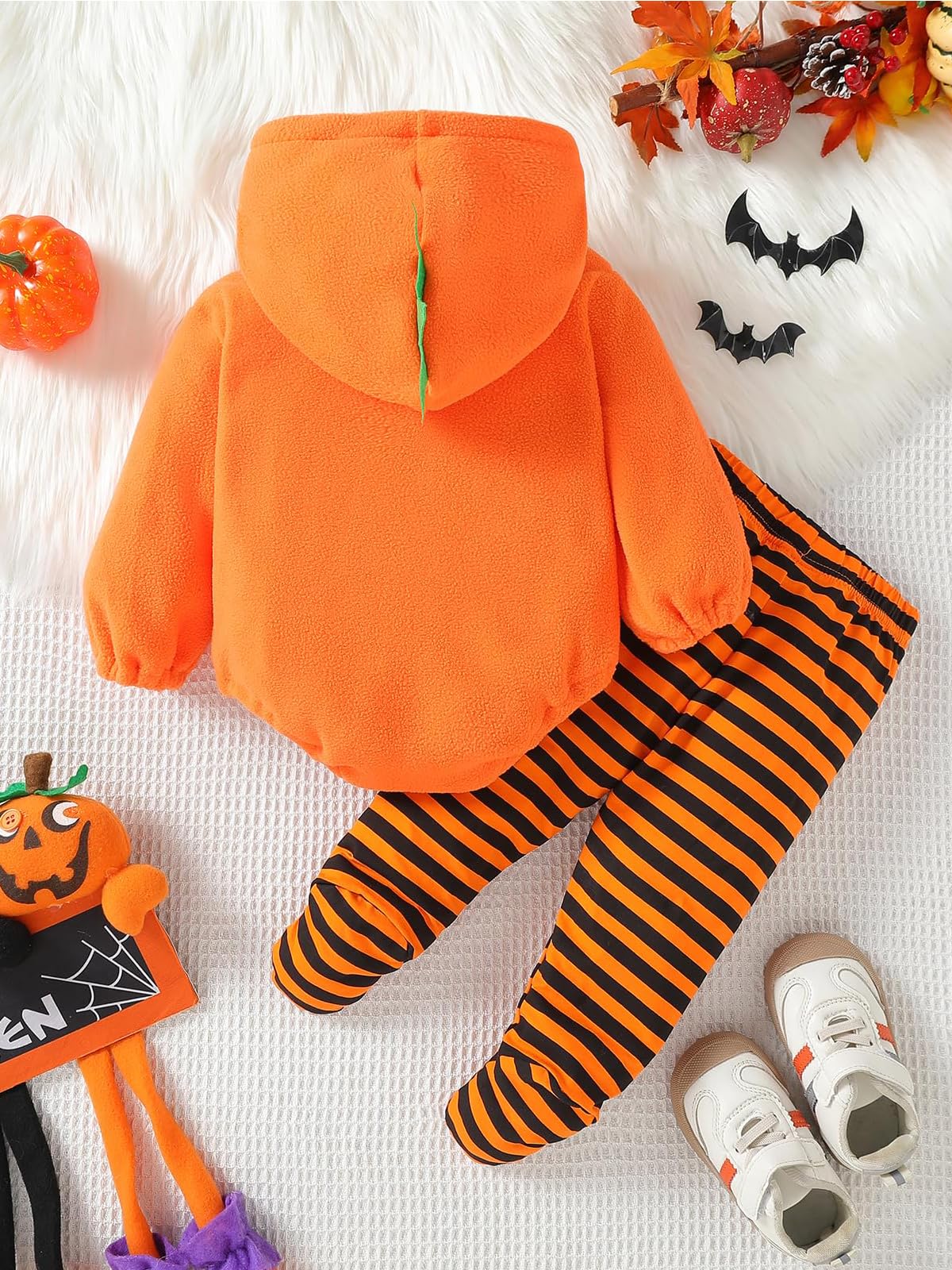 WOLBAY 2Pcs Infant Halloween Pumpkin Costume Set, Fleece Hoodie Romper & Cotton Pants, 3-6 Months, Orange-A for Baby Boy Girl