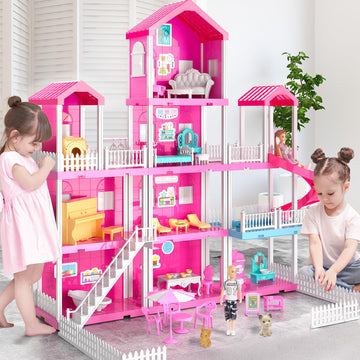 Temi Dream House Doll House With 2 Doll Toy Figures, 4-Story 10 Rooms Dollhouse With Accessories And Furniture, Toddler Playhouse Gift For Kids Ages 3 Toys For 3 4 5 6 Year Old Girls