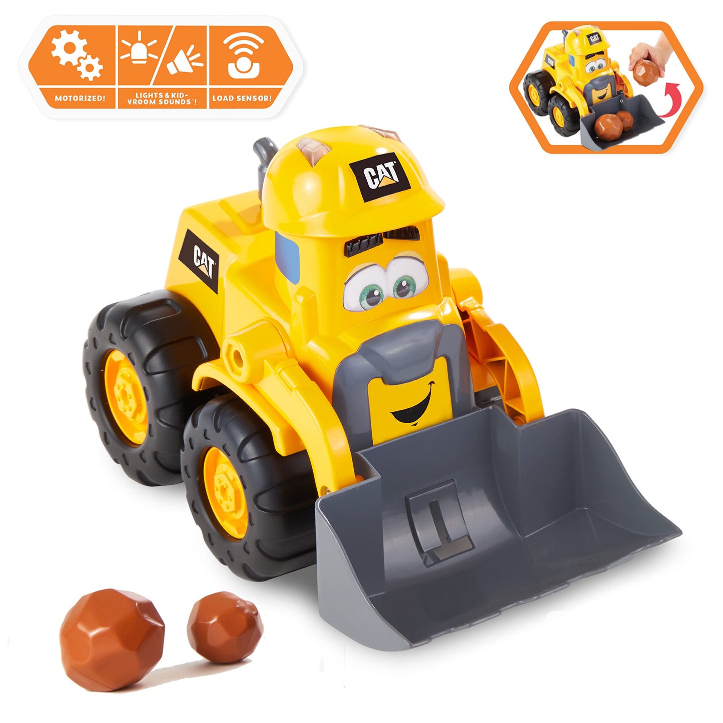CAT Construction Toys, Front Loader Toy - Interactive Forward & Back Motion, Lights & Sounds, Animated Face - Batteries & Play R