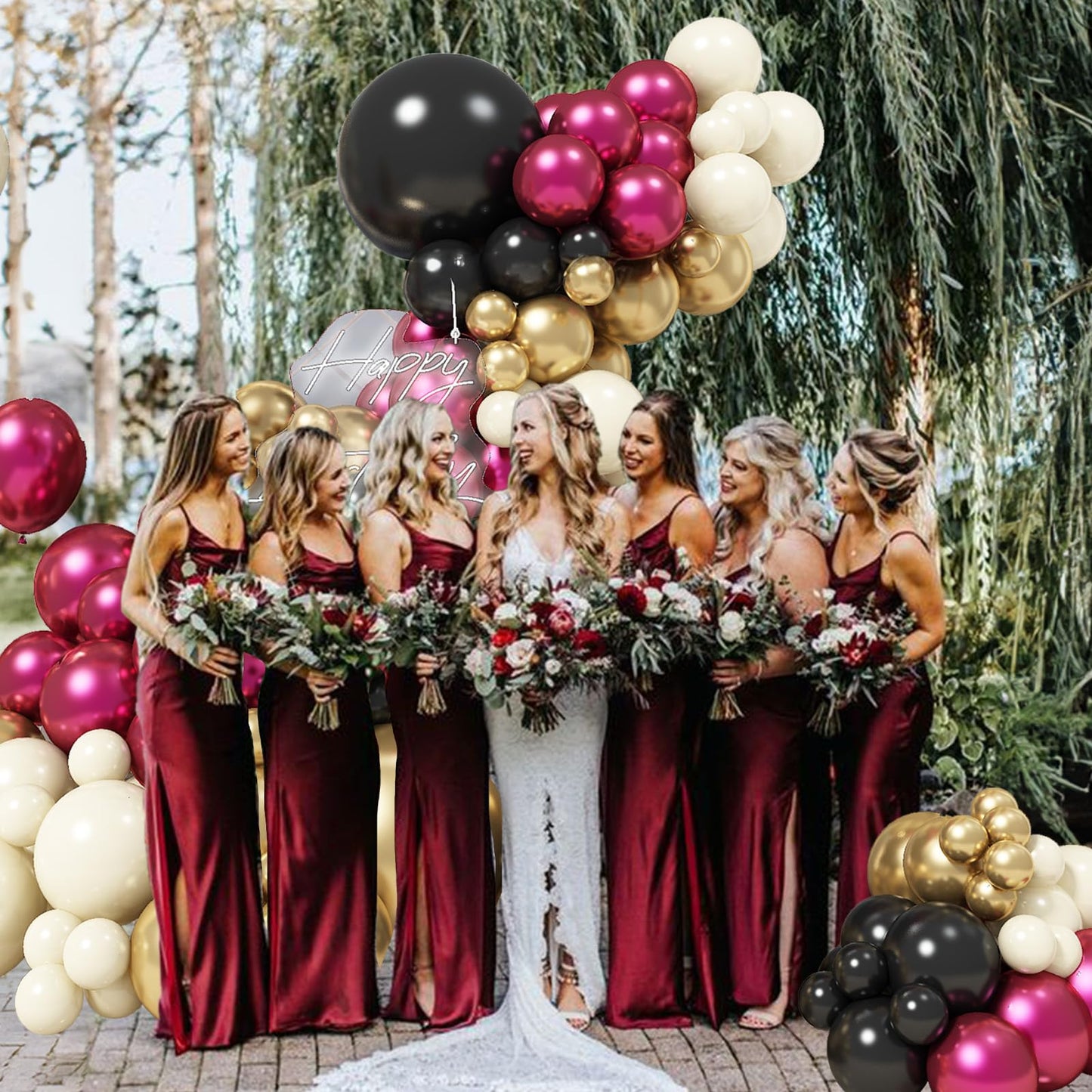 Balloon Arch Garland Kit, Double Stuffed Metallic Chrome Hot Pink And Gold Black White Sand Fuchsia Latex Party Balloons For Gir