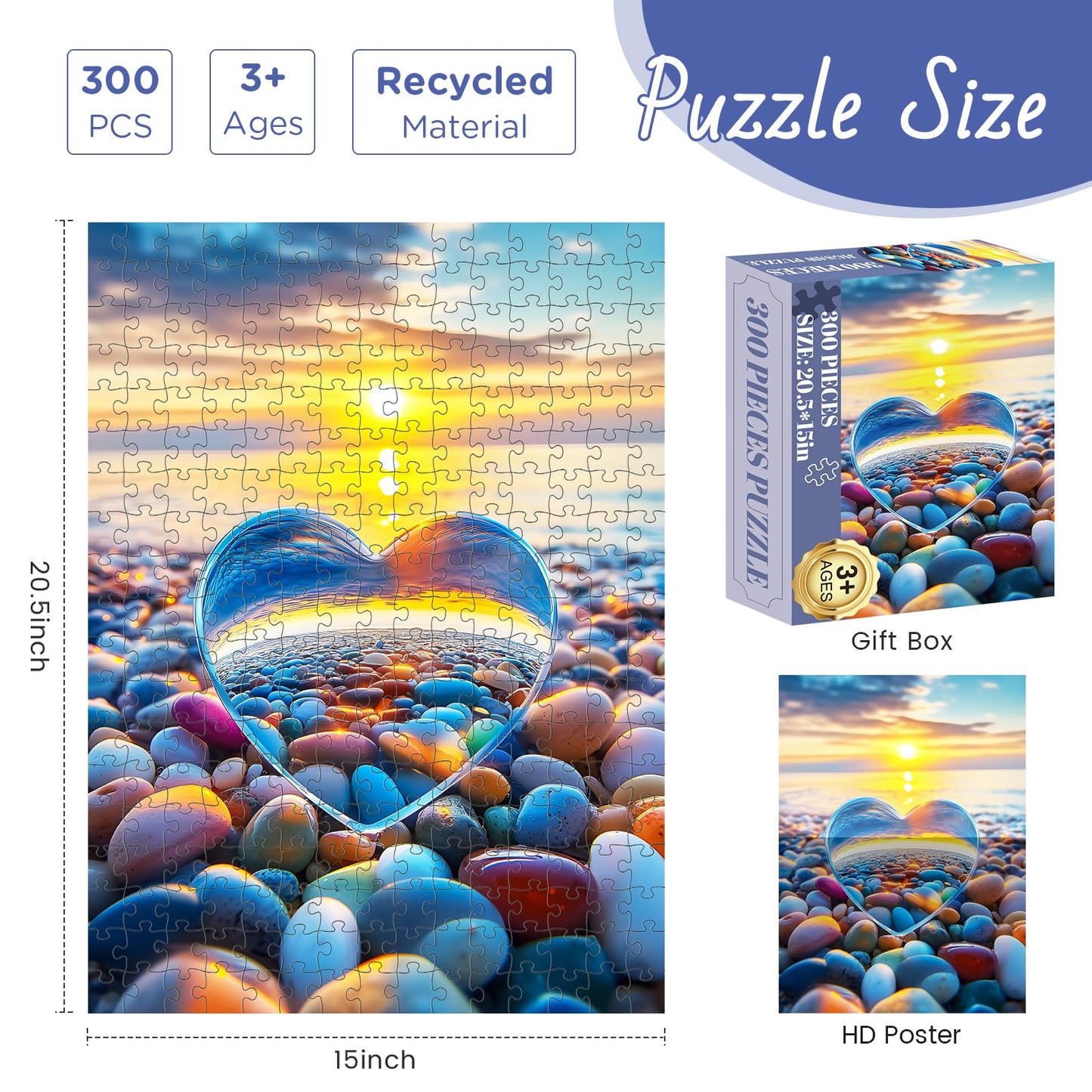 300 Piece Puzzles for mature-themed  Love Pebbles Theme Jigsaw Puzzles 300 Pieces for mature-themeds Kids Senior  Sunset Beach Jigsaw Puzzles  Challenging Family Fun Puzzle Activity Game Gift 20.5 X 15 in
